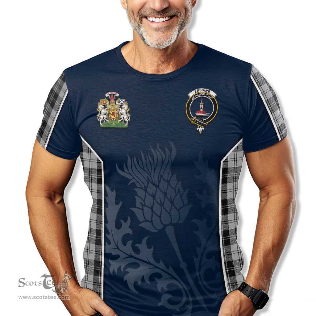 ScotsTee Shop Scottish Erskine Black and White Clan Scottish Crest and Scottish Thistle Sport Tartan T Shirt