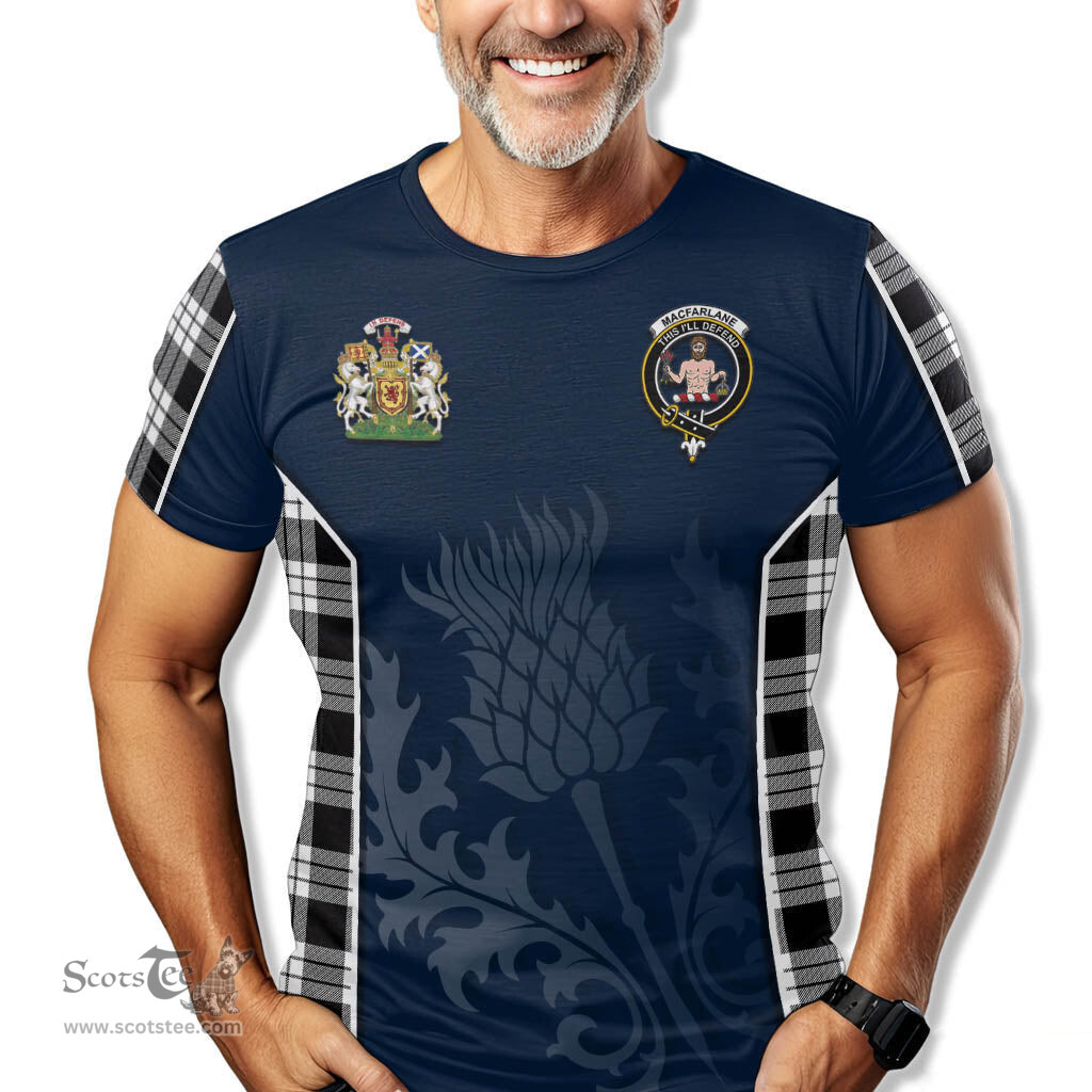 ScotsTee Shop Scottish MacFarlane Black White Clan Scottish Crest and Scottish Thistle Sport Tartan T Shirt