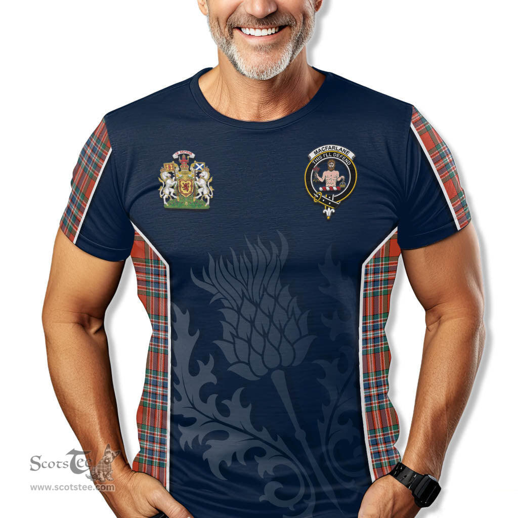 ScotsTee Shop Scottish MacFarlane Ancient Clan Scottish Crest and Scottish Thistle Sport Tartan T Shirt