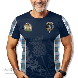 ScotsTee Shop Scottish Stewart Muted Blue Clan Scottish Crest and Scottish Thistle Sport Tartan T Shirt