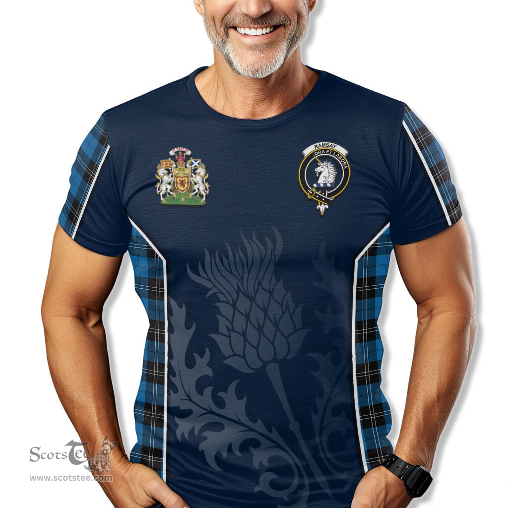 ScotsTee Shop Scottish Ramsay Blue Ancient Clan Scottish Crest and Scottish Thistle Sport Tartan T Shirt