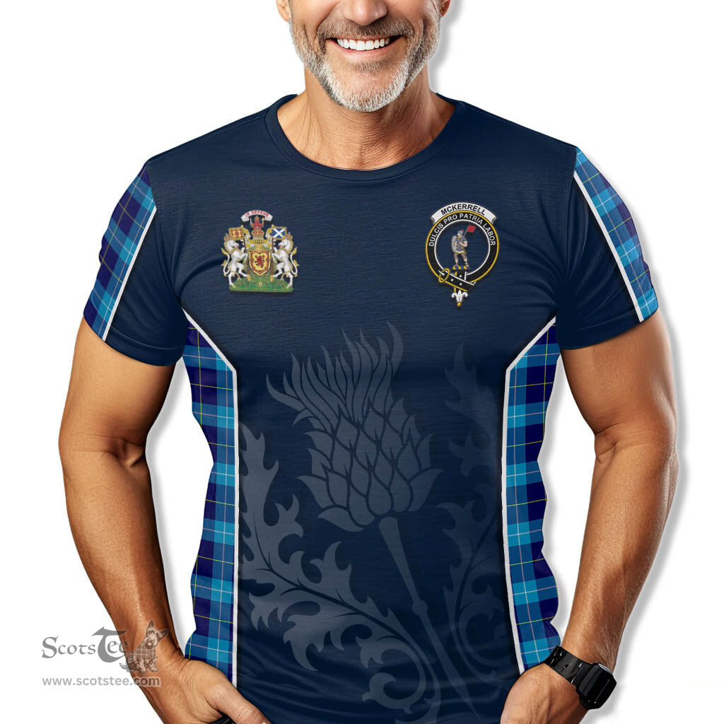 ScotsTee Shop Scottish McKerrell Clan Scottish Crest and Scottish Thistle Sport Tartan T Shirt