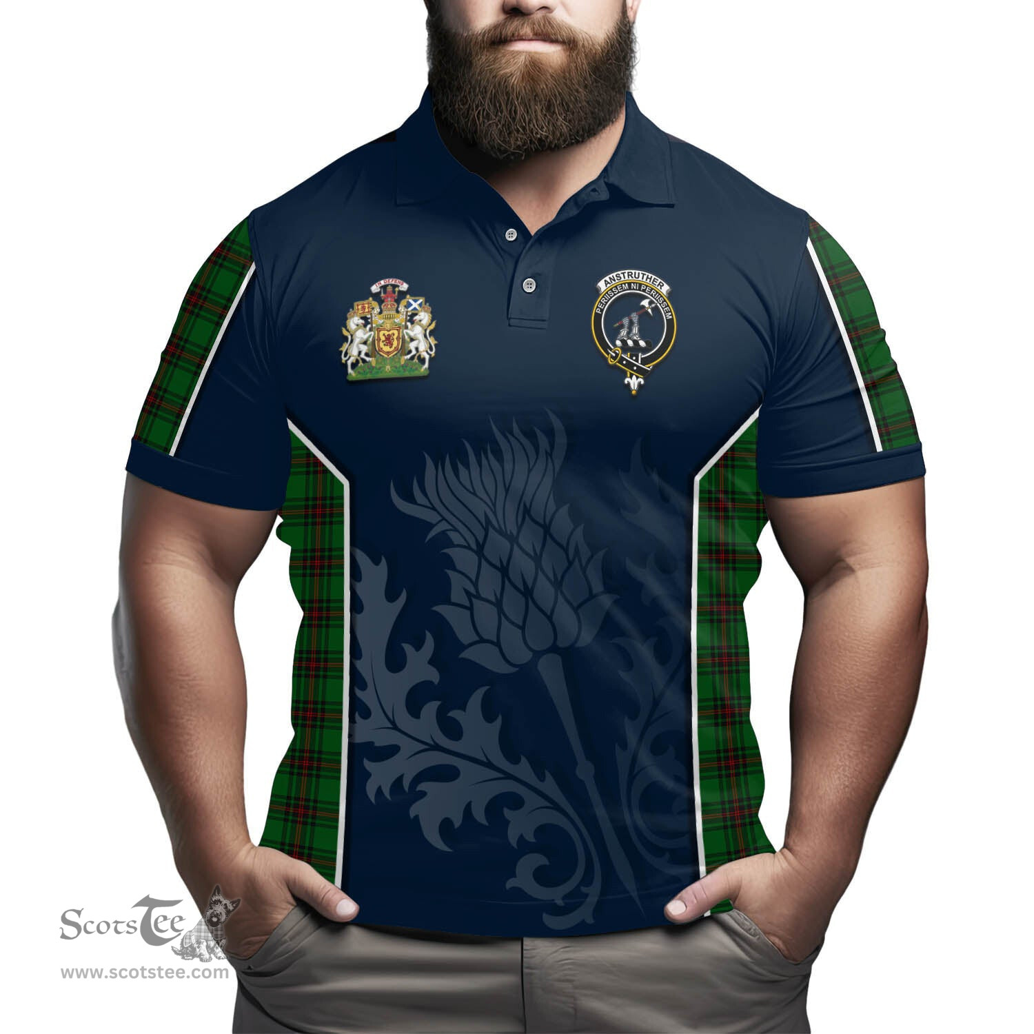 ScotsTee Shop Scottish Anstruther Clan Scottish Crest and Scottish Thistle Sport Tartan Polo Shirt