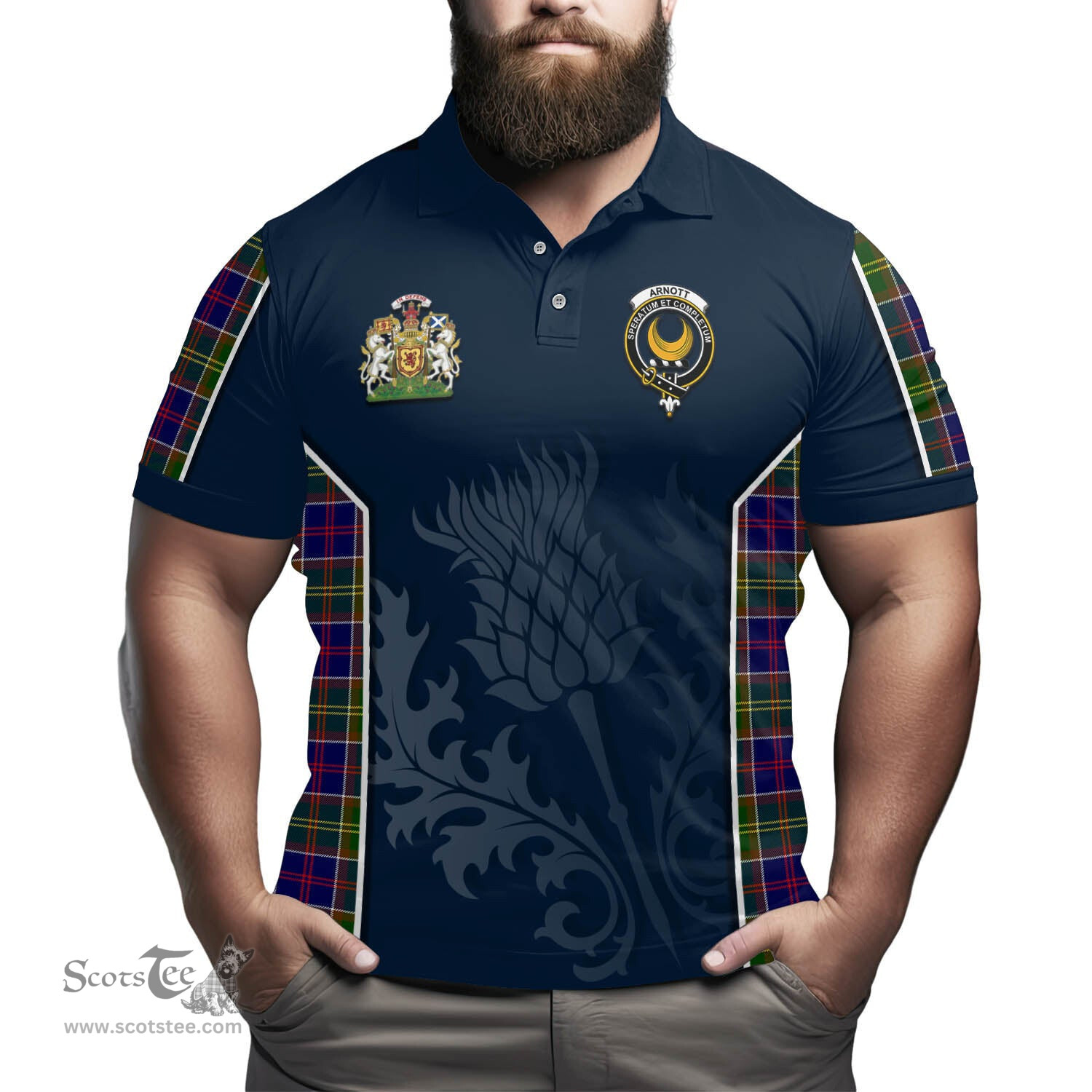 ScotsTee Shop Scottish Arnott Clan Scottish Crest and Scottish Thistle Sport Tartan Polo Shirt