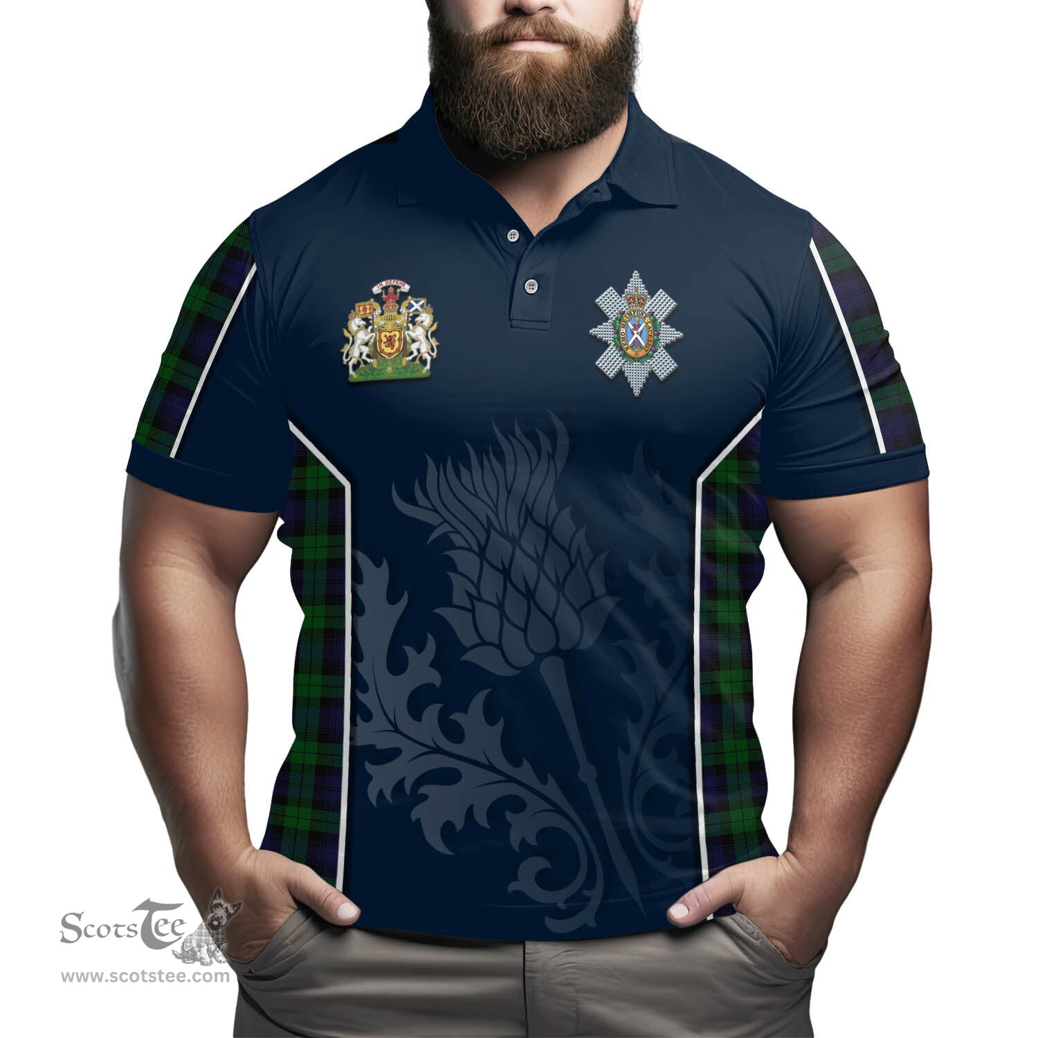 ScotsTee Shop Scottish Black Watch Clan Scottish Crest and Scottish Thistle Sport Tartan Polo Shirt