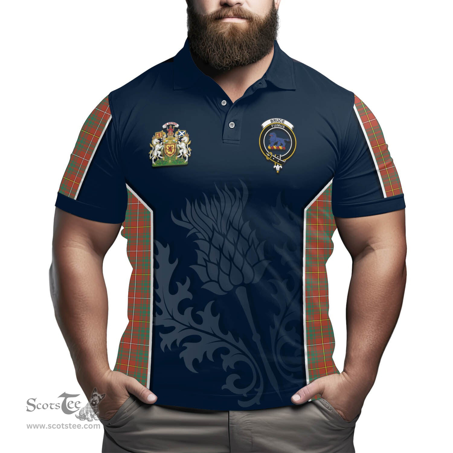 ScotsTee Shop Scottish Bruce Ancient Clan Scottish Crest and Scottish Thistle Sport Tartan Polo Shirt