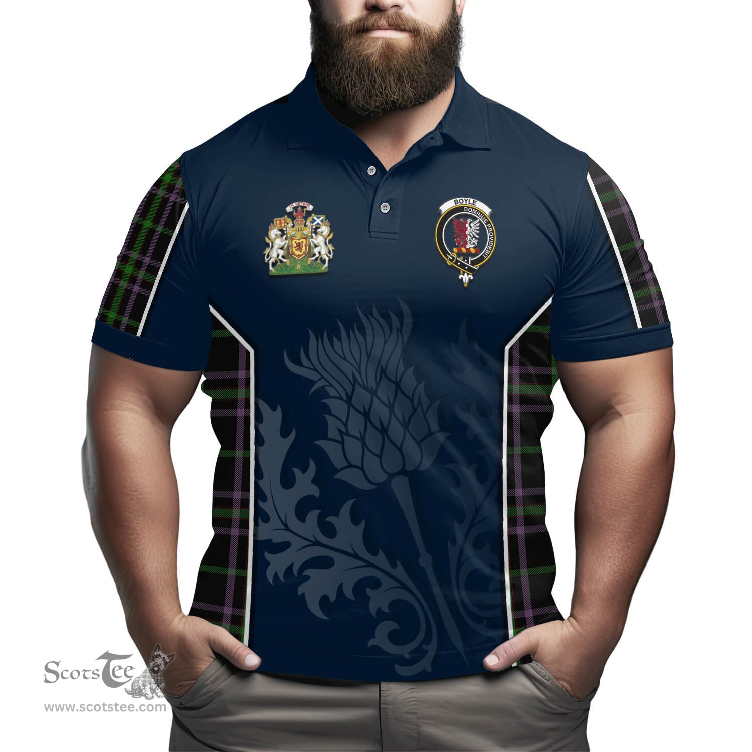 ScotsTee Shop Scottish Boyle (Owen Boyle) Clan Scottish Crest and Scottish Thistle Sport Tartan Polo Shirt