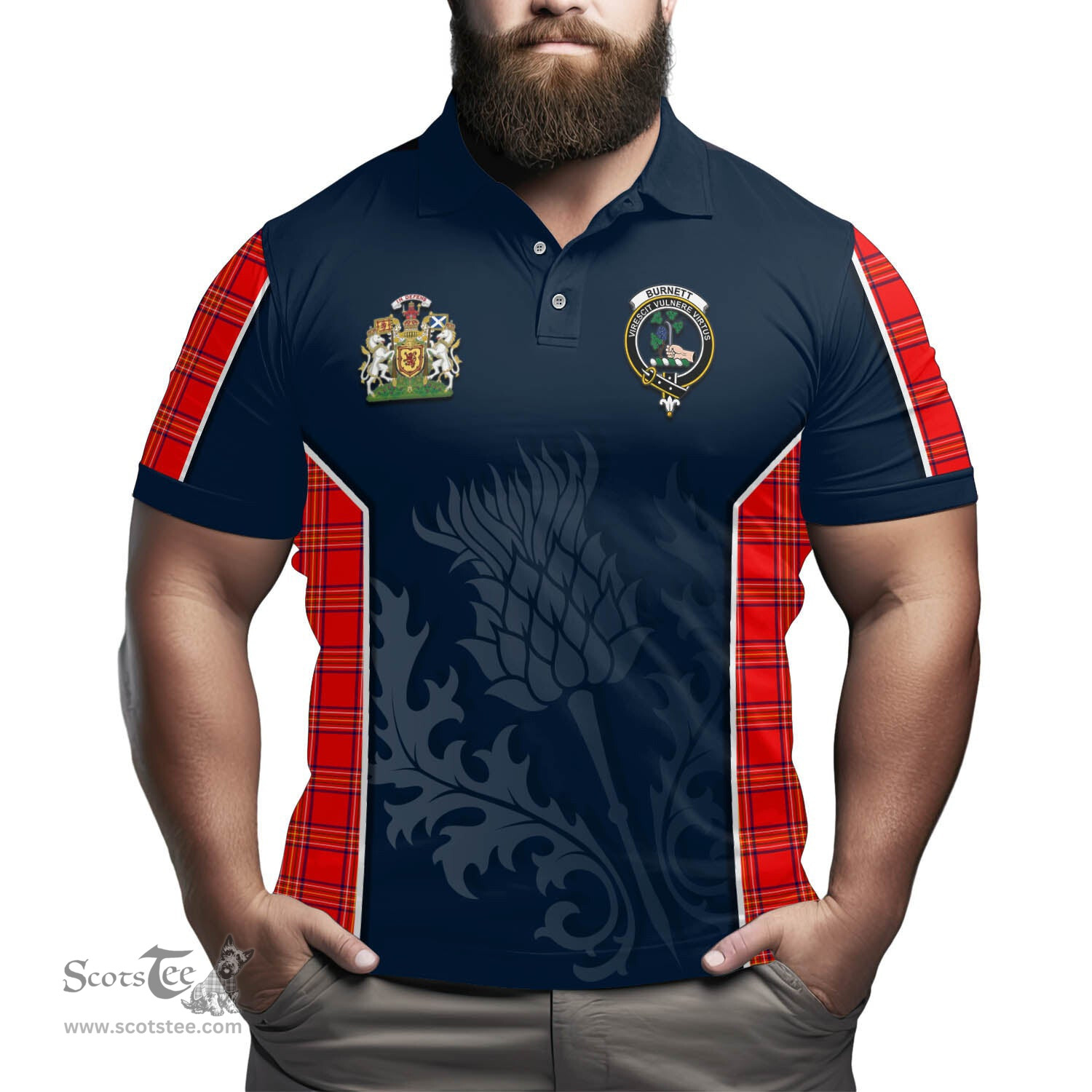 ScotsTee Shop Scottish Burnett Modern Clan Scottish Crest and Scottish Thistle Sport Tartan Polo Shirt