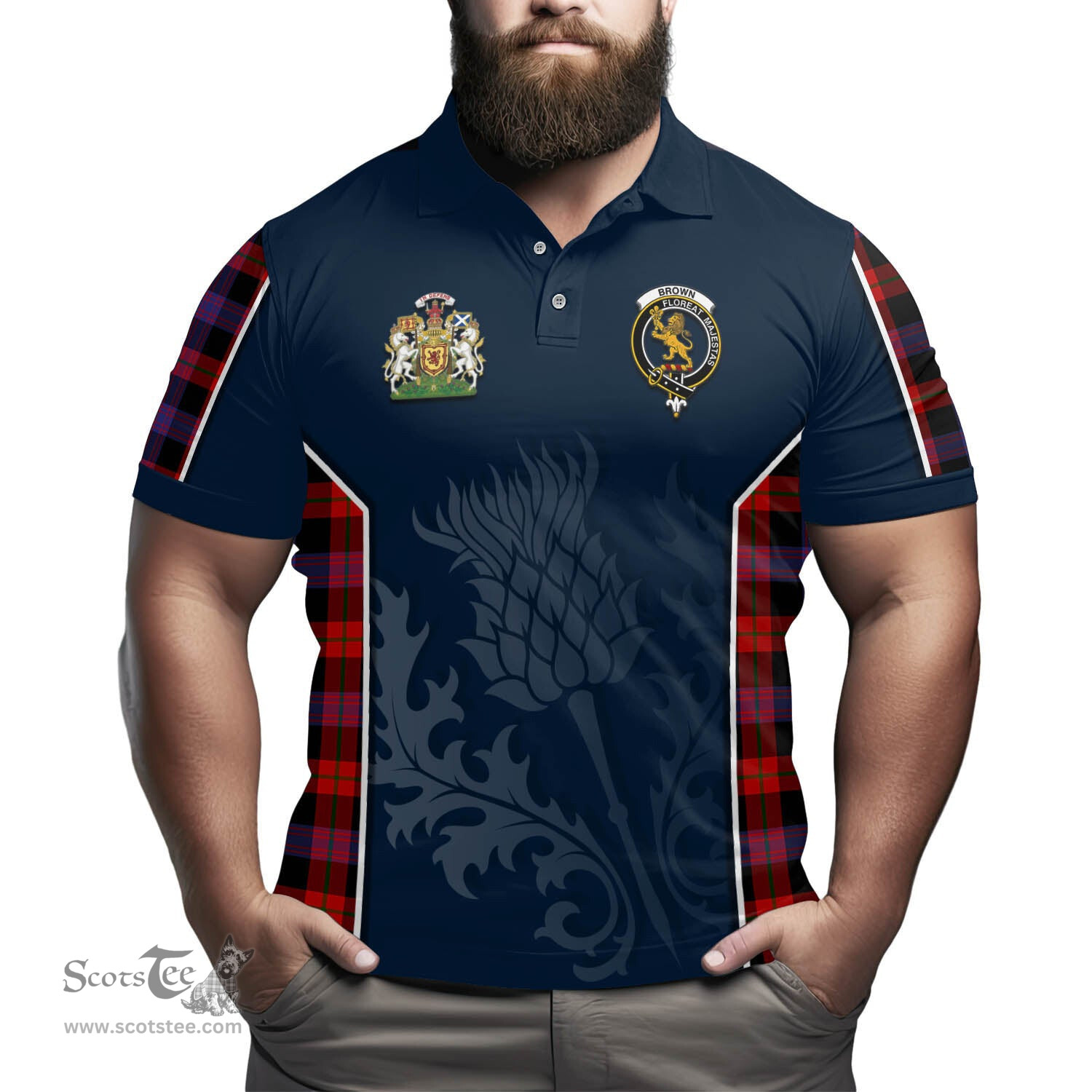 ScotsTee Shop Scottish Brown Clan Scottish Crest and Scottish Thistle Sport Tartan Polo Shirt