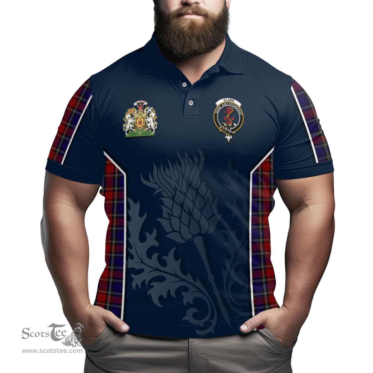 ScotsTee Shop Scottish Clark Red Clan Scottish Crest and Scottish Thistle Sport Tartan Polo Shirt
