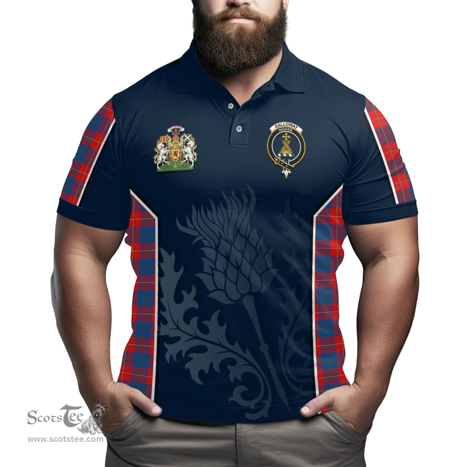 ScotsTee Shop Scottish Galloway Red Clan Scottish Crest and Scottish Thistle Sport Tartan Polo Shirt