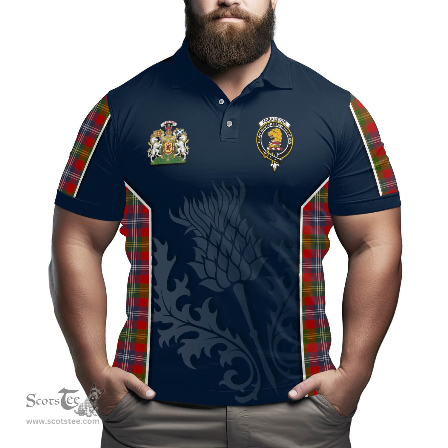 ScotsTee Shop Scottish Forrester Clan Scottish Crest and Scottish Thistle Sport Tartan Polo Shirt