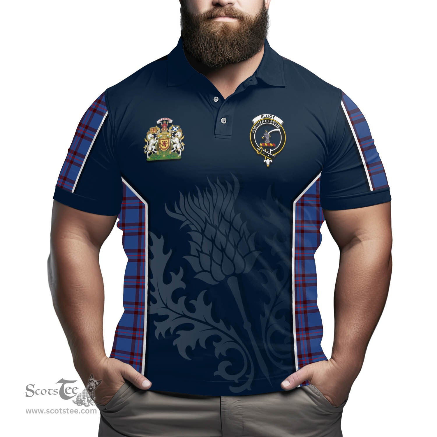 ScotsTee Shop Scottish Elliot Modern Clan Scottish Crest and Scottish Thistle Sport Tartan Polo Shirt