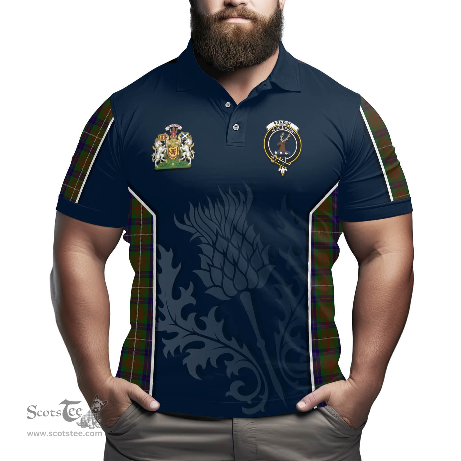 ScotsTee Shop Scottish Fraser Hunting Clan Scottish Crest and Scottish Thistle Sport Tartan Polo Shirt