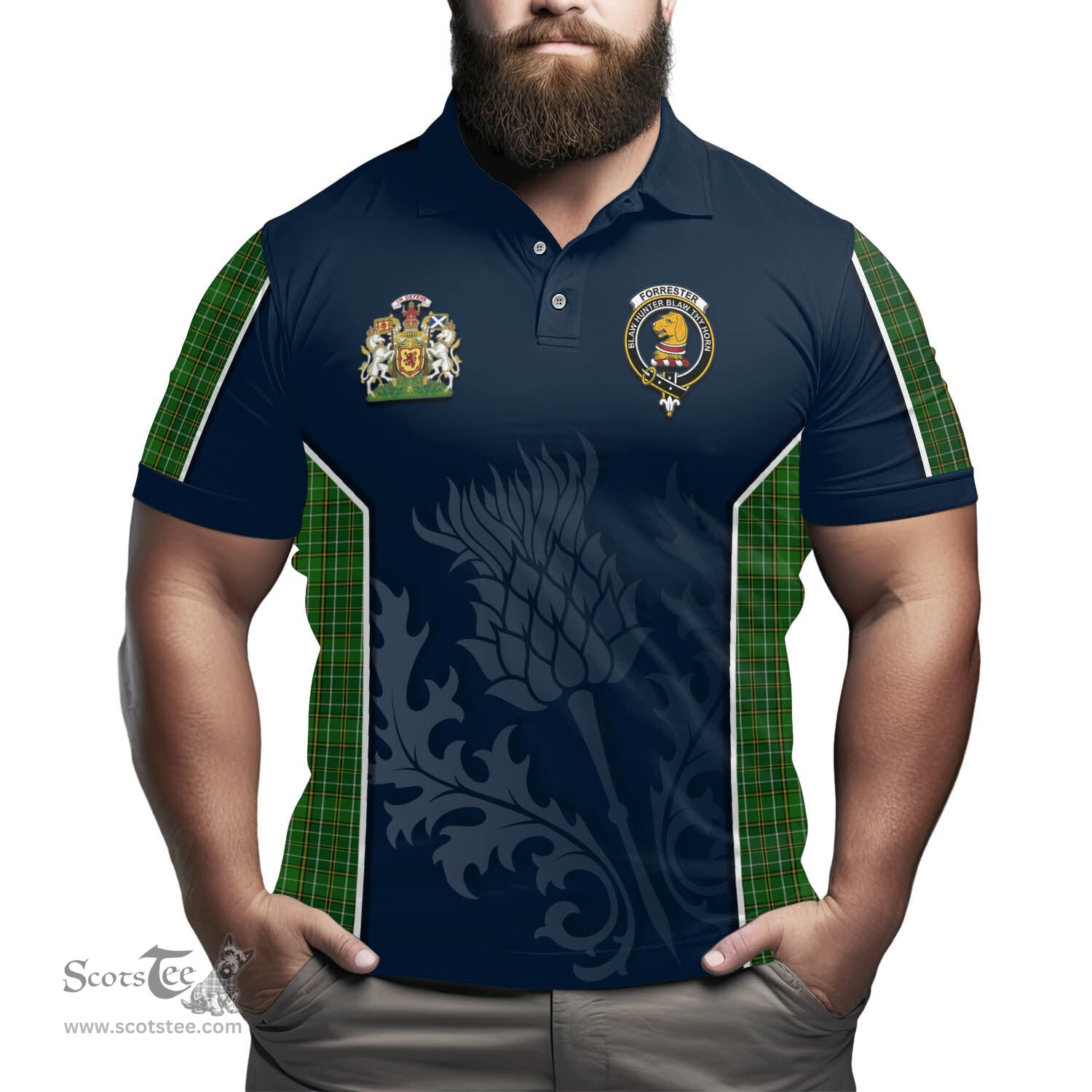 ScotsTee Shop Scottish Forrester or Foster Hunting Clan Scottish Crest and Scottish Thistle Sport Tartan Polo Shirt
