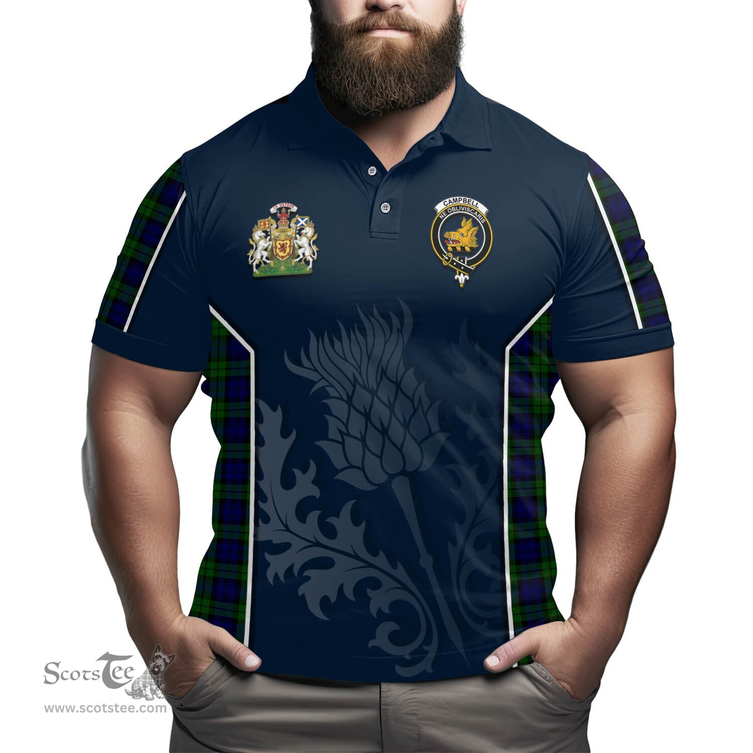 ScotsTee Shop Scottish Campbell Modern Clan Scottish Crest and Scottish Thistle Sport Tartan Polo Shirt