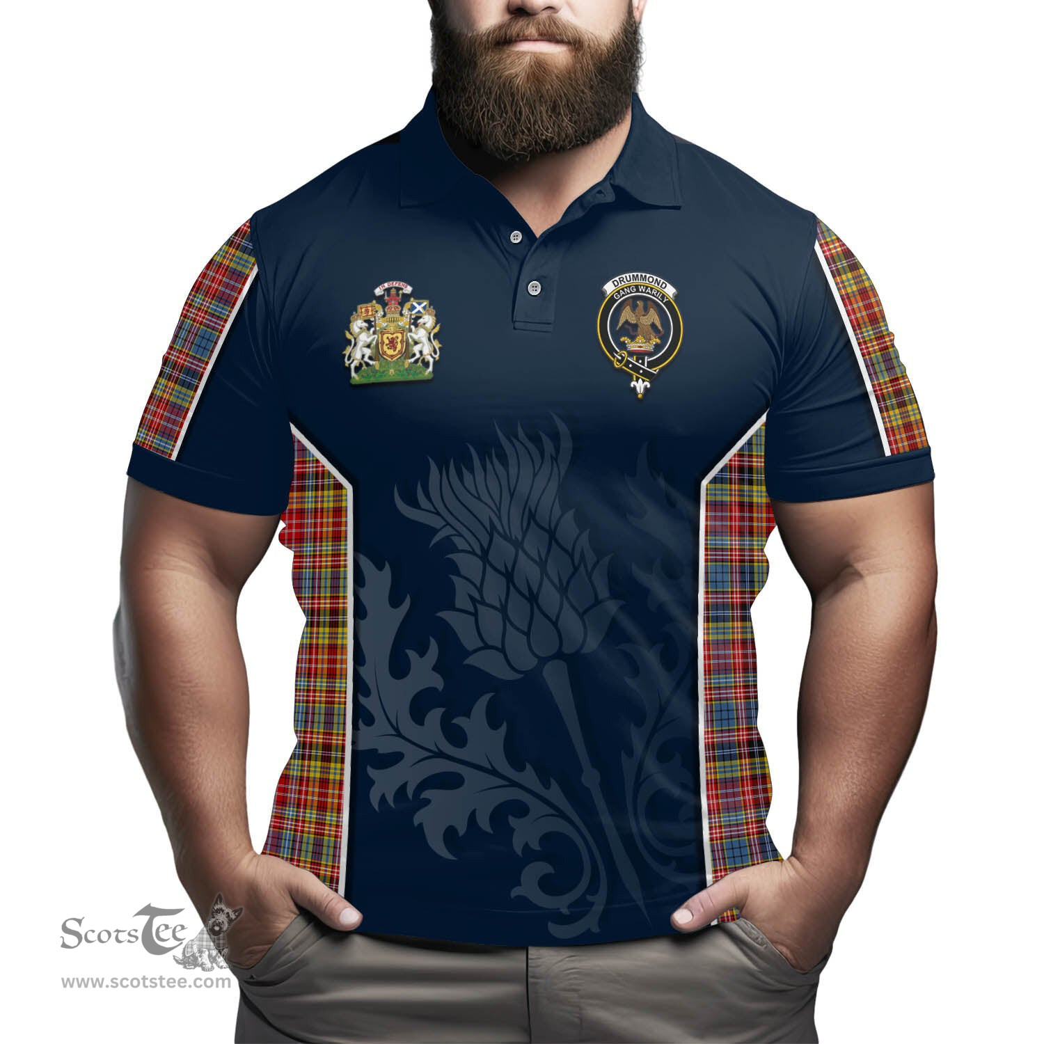 ScotsTee Shop Scottish Drummond of Strathallan Modern Clan Scottish Crest and Scottish Thistle Sport Tartan Polo Shirt