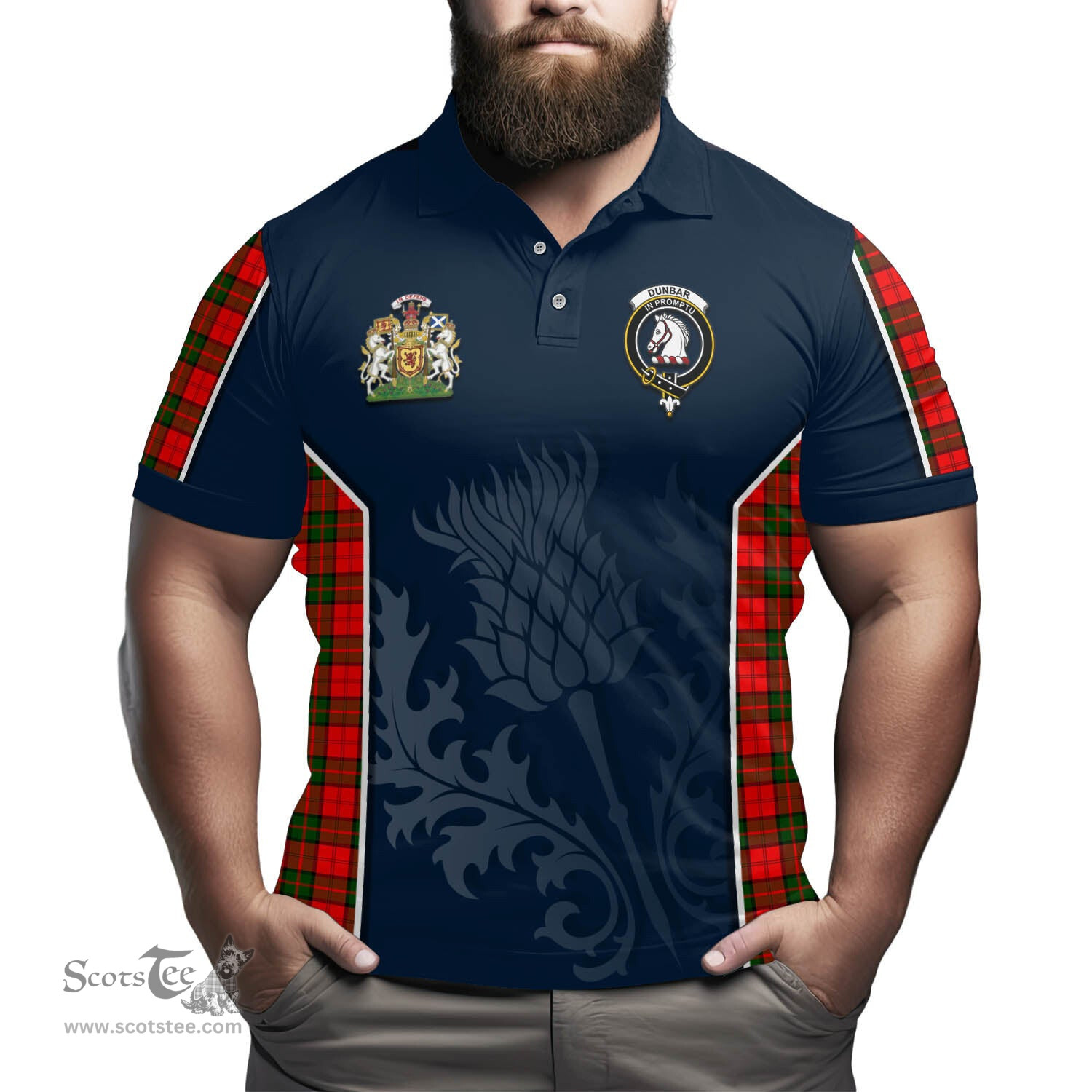 ScotsTee Shop Scottish Dunbar Modern Clan Scottish Crest and Scottish Thistle Sport Tartan Polo Shirt