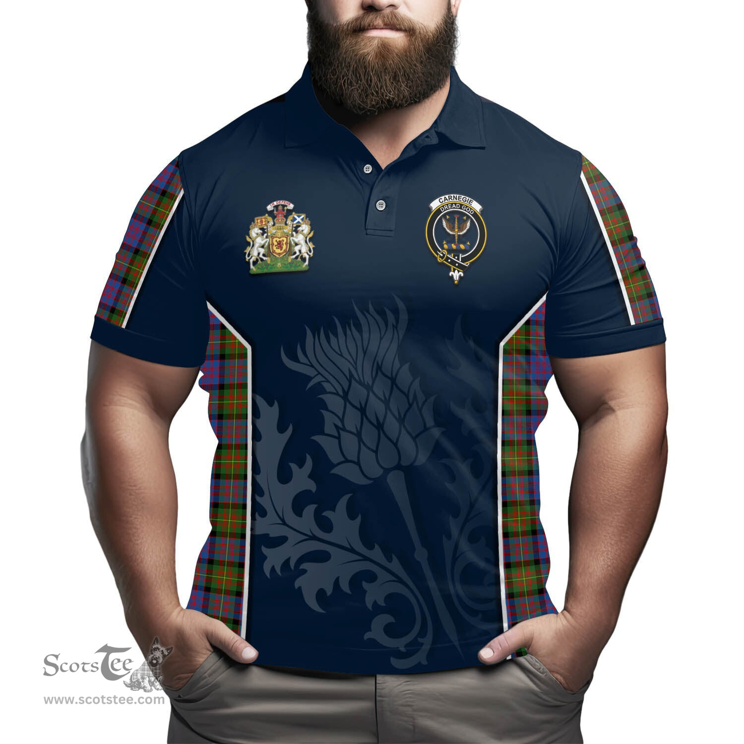 ScotsTee Shop Scottish Carnegie Ancient Clan Scottish Crest and Scottish Thistle Sport Tartan Polo Shirt