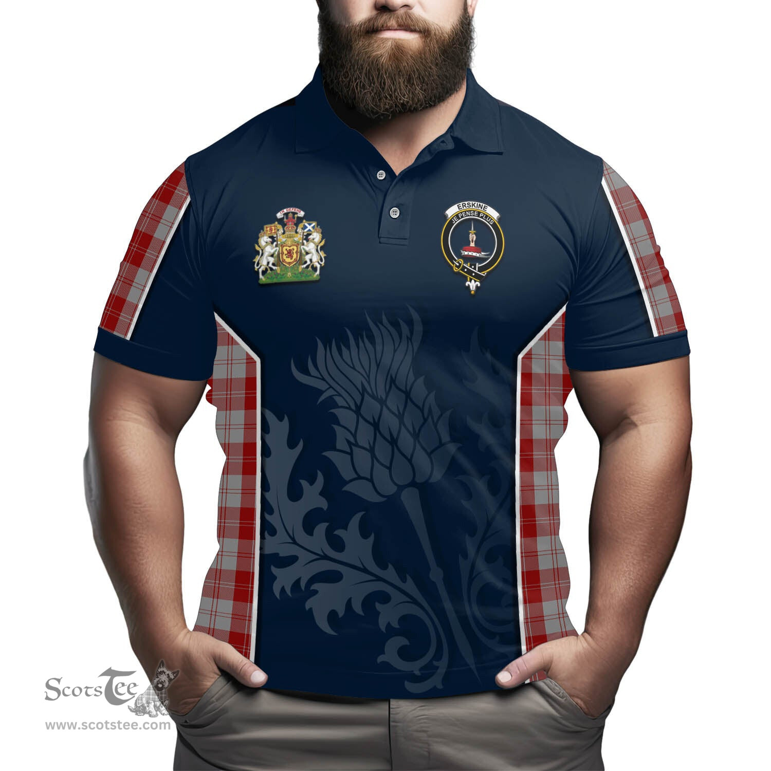 ScotsTee Shop Scottish Erskine Red Clan Scottish Crest and Scottish Thistle Sport Tartan Polo Shirt