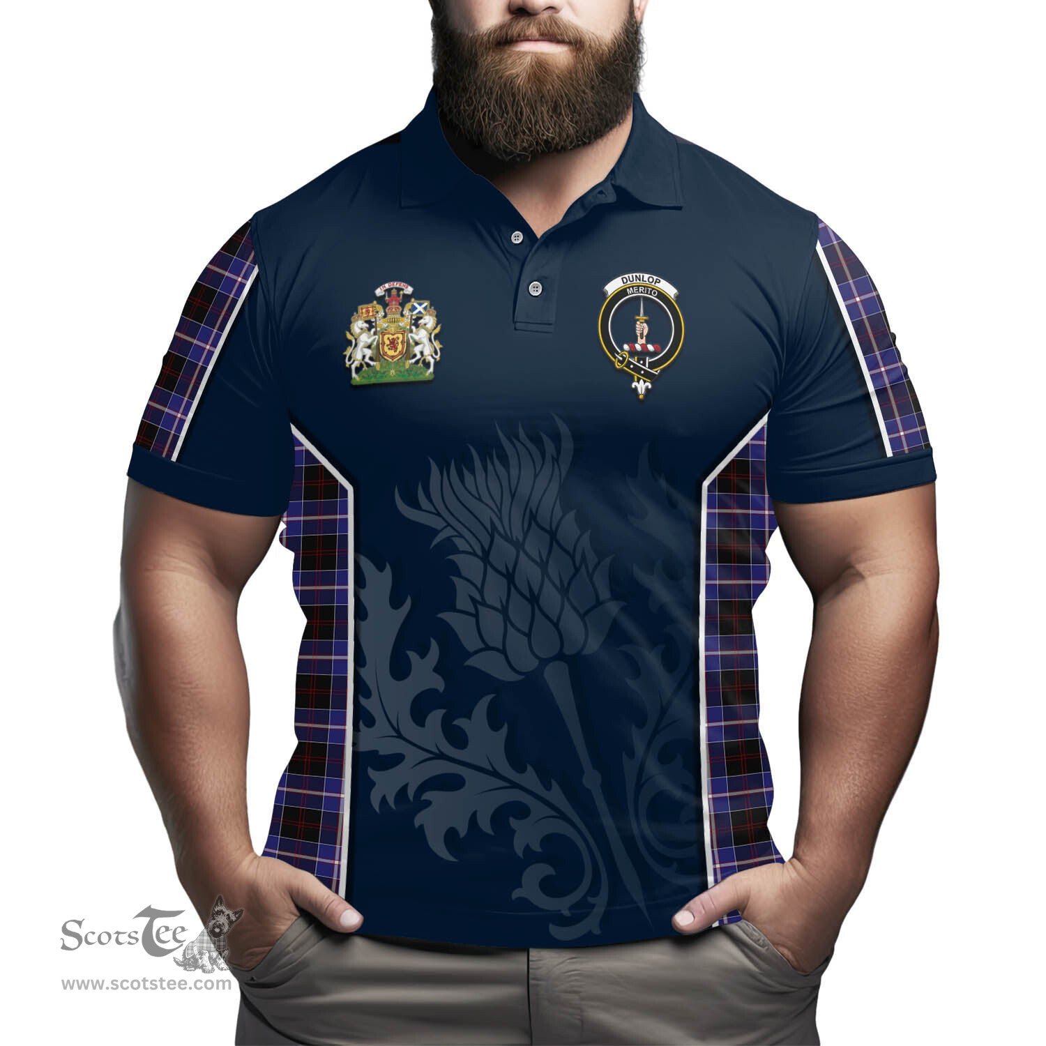 ScotsTee Shop Scottish Dunlop Modern Clan Scottish Crest and Scottish Thistle Sport Tartan Polo Shirt