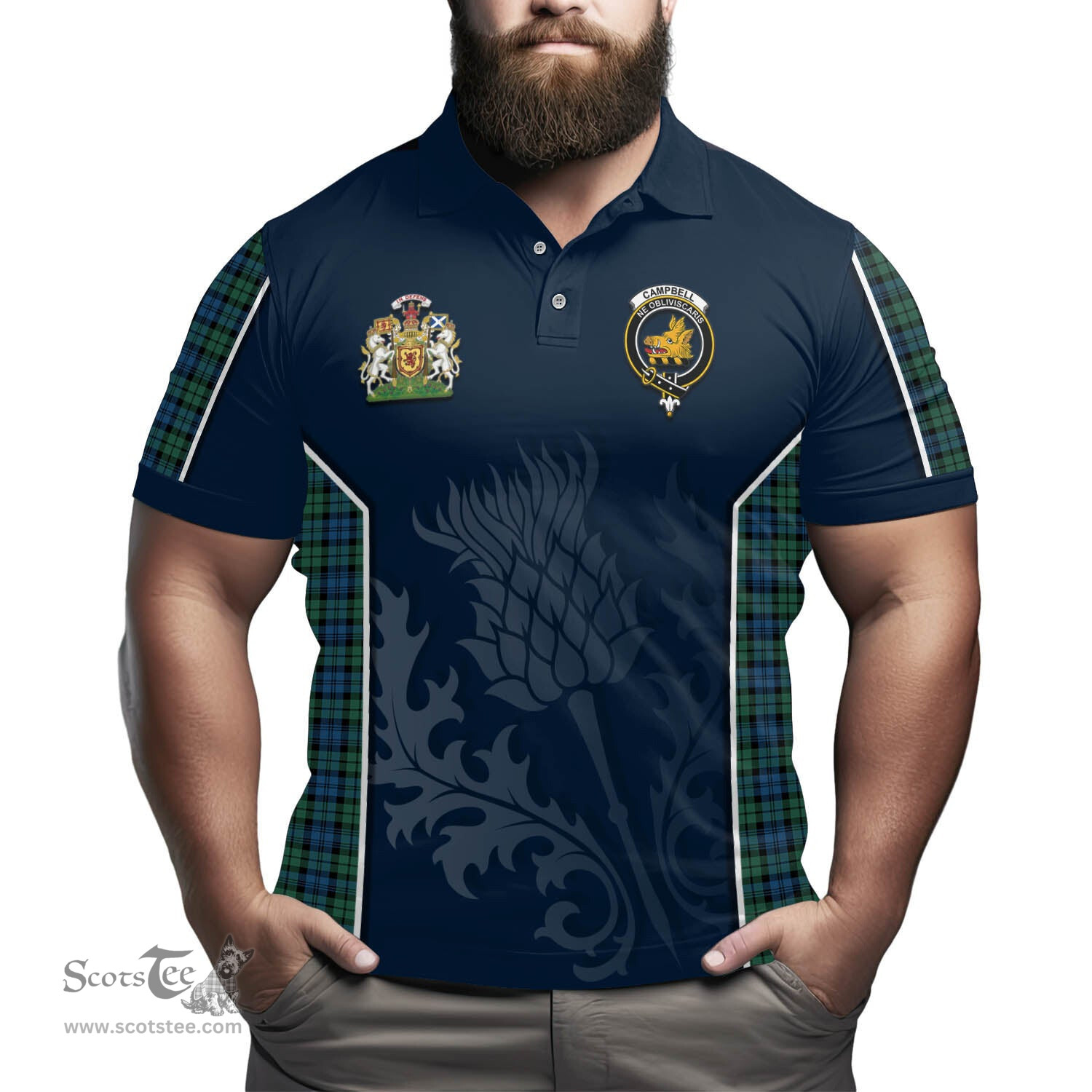 ScotsTee Shop Scottish Campbell Ancient 02 Clan Scottish Crest and Scottish Thistle Sport Tartan Polo Shirt