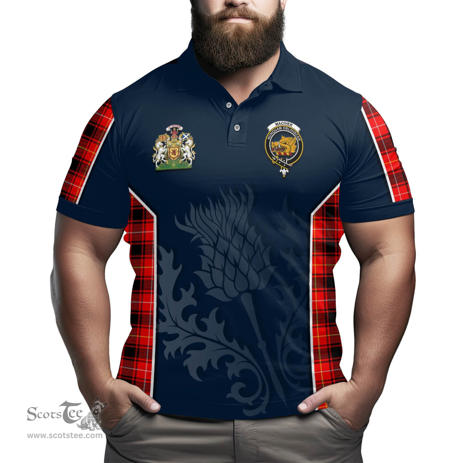ScotsTee Shop Scottish MacIver Modern Clan Scottish Crest and Scottish Thistle Sport Tartan Polo Shirt