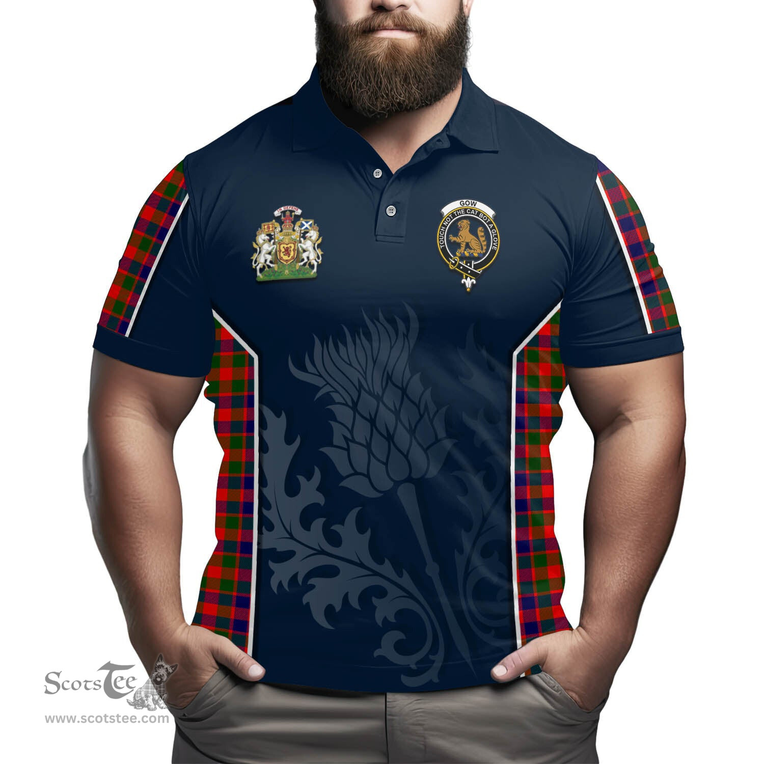 ScotsTee Shop Scottish Gow Modern Clan Scottish Crest and Scottish Thistle Sport Tartan Polo Shirt