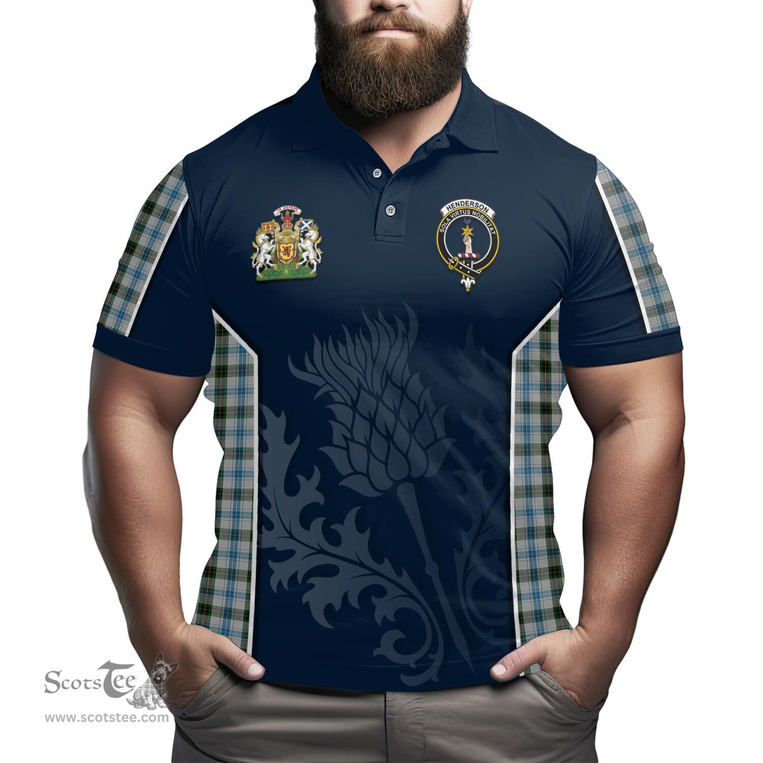 ScotsTee Shop Scottish Henderson Dress Clan Scottish Crest and Scottish Thistle Sport Tartan Polo Shirt
