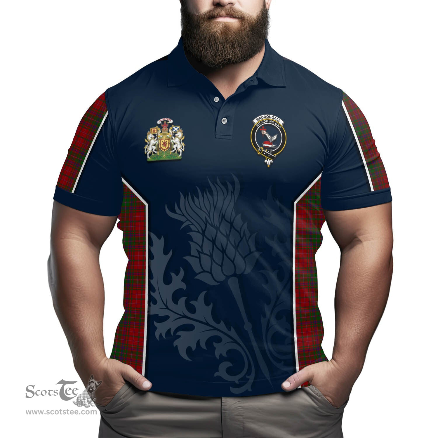 ScotsTee Shop Scottish MacDougall Clan Scottish Crest and Scottish Thistle Sport Tartan Polo Shirt