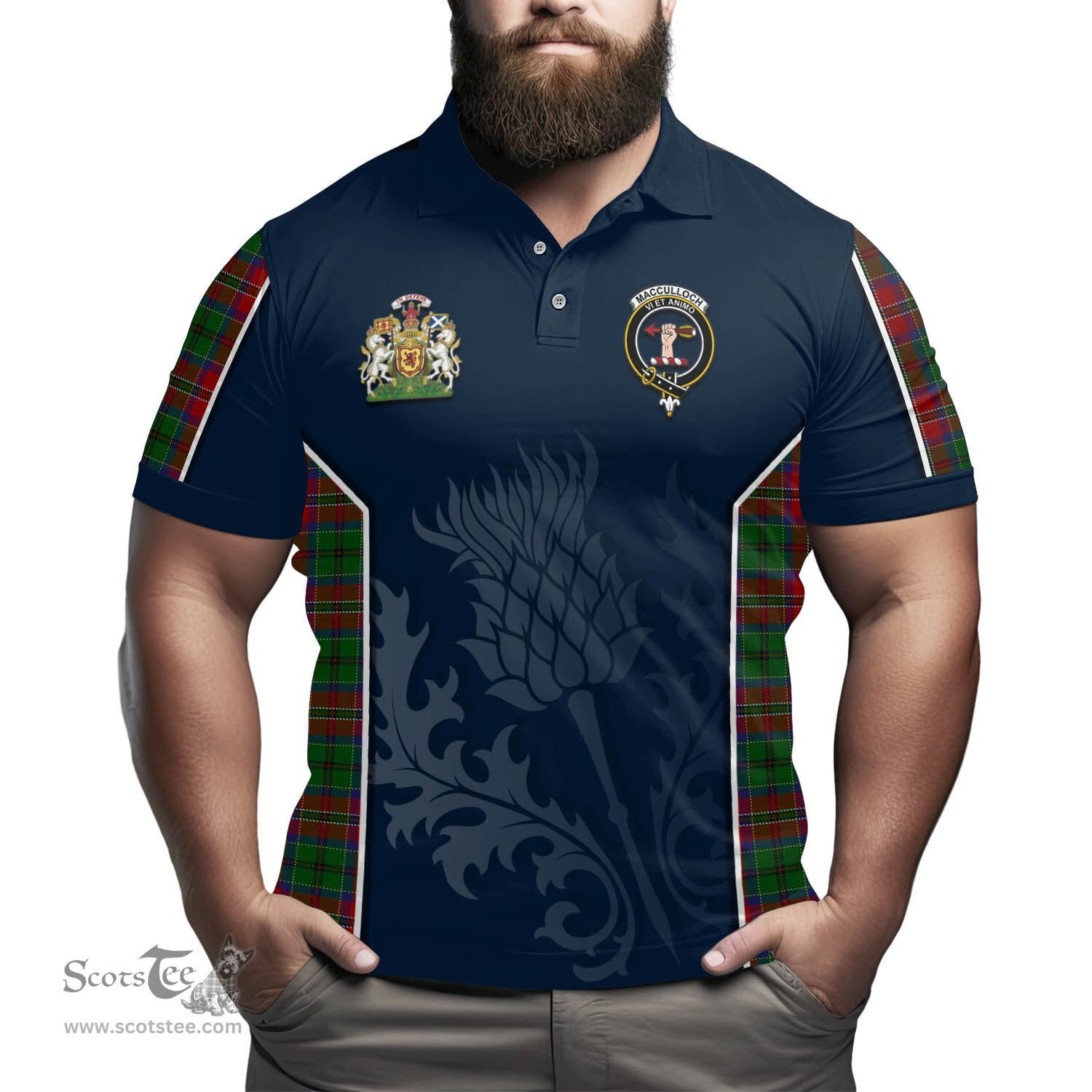 ScotsTee Shop Scottish MacCulloch Clan Scottish Crest and Scottish Thistle Sport Tartan Polo Shirt