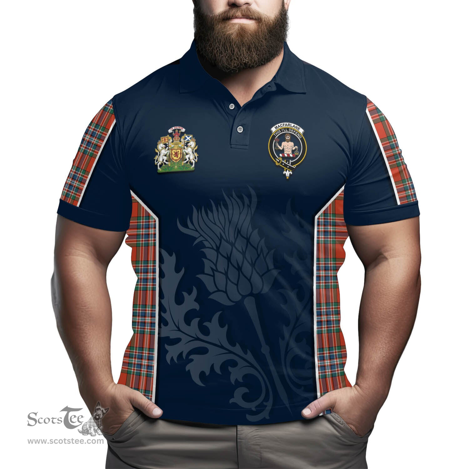 ScotsTee Shop Scottish MacFarlane Ancient Clan Scottish Crest and Scottish Thistle Sport Tartan Polo Shirt