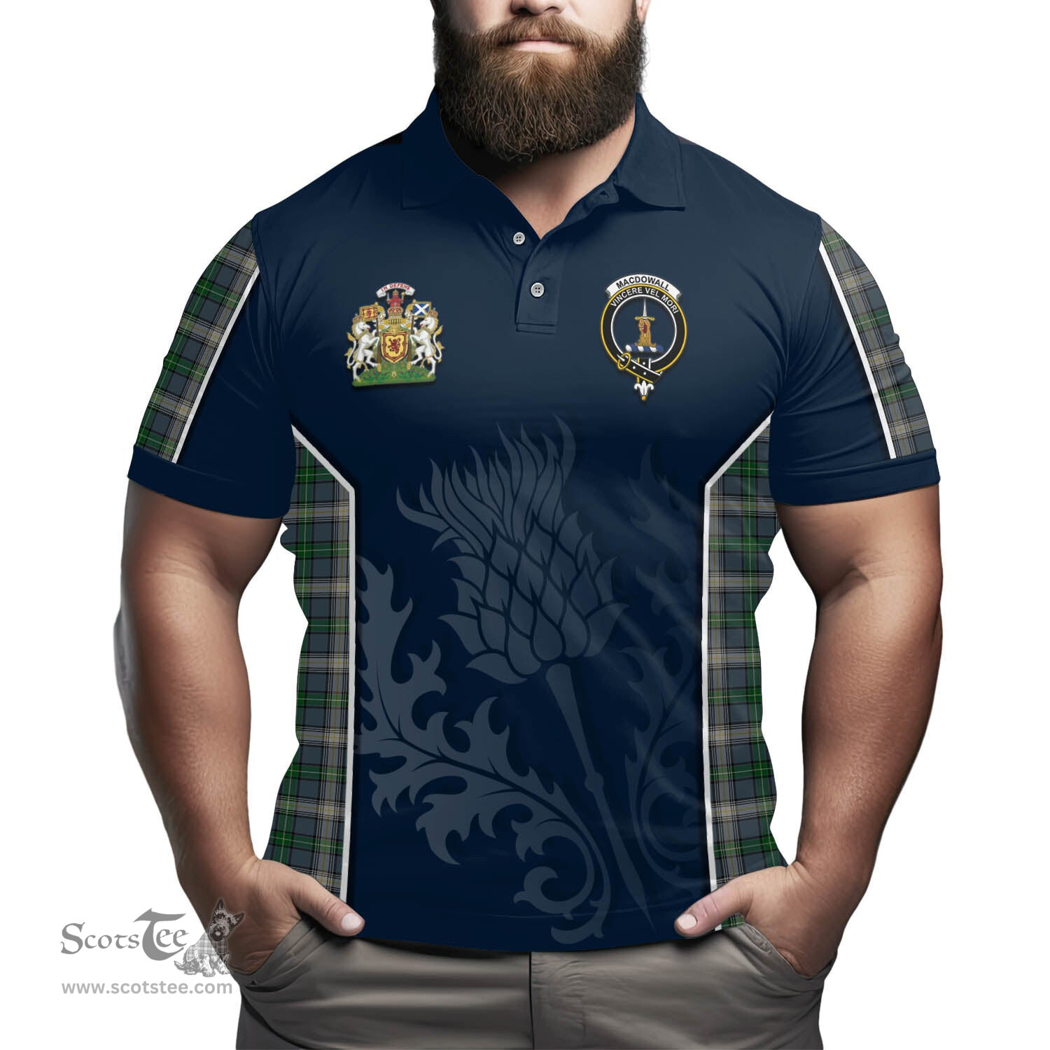 ScotsTee Shop Scottish MacDowall Clan Scottish Crest and Scottish Thistle Sport Tartan Polo Shirt