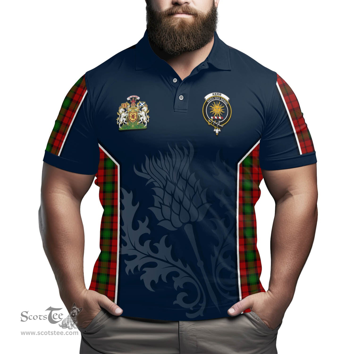 ScotsTee Shop Scottish Kerr Clan Scottish Crest and Scottish Thistle Sport Tartan Polo Shirt