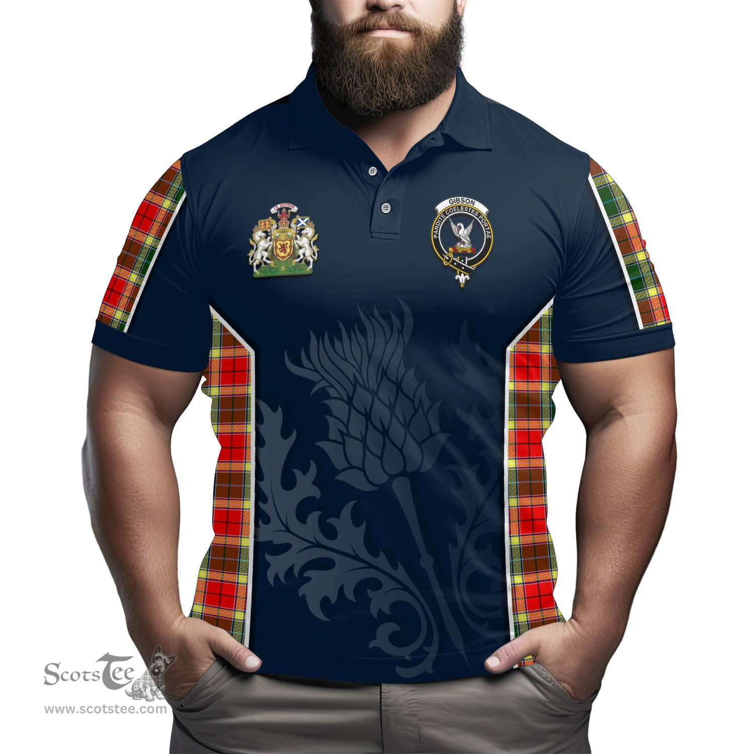 ScotsTee Shop Scottish Gibsone (Gibson-Gibbs) Clan Scottish Crest and Scottish Thistle Sport Tartan Polo Shirt