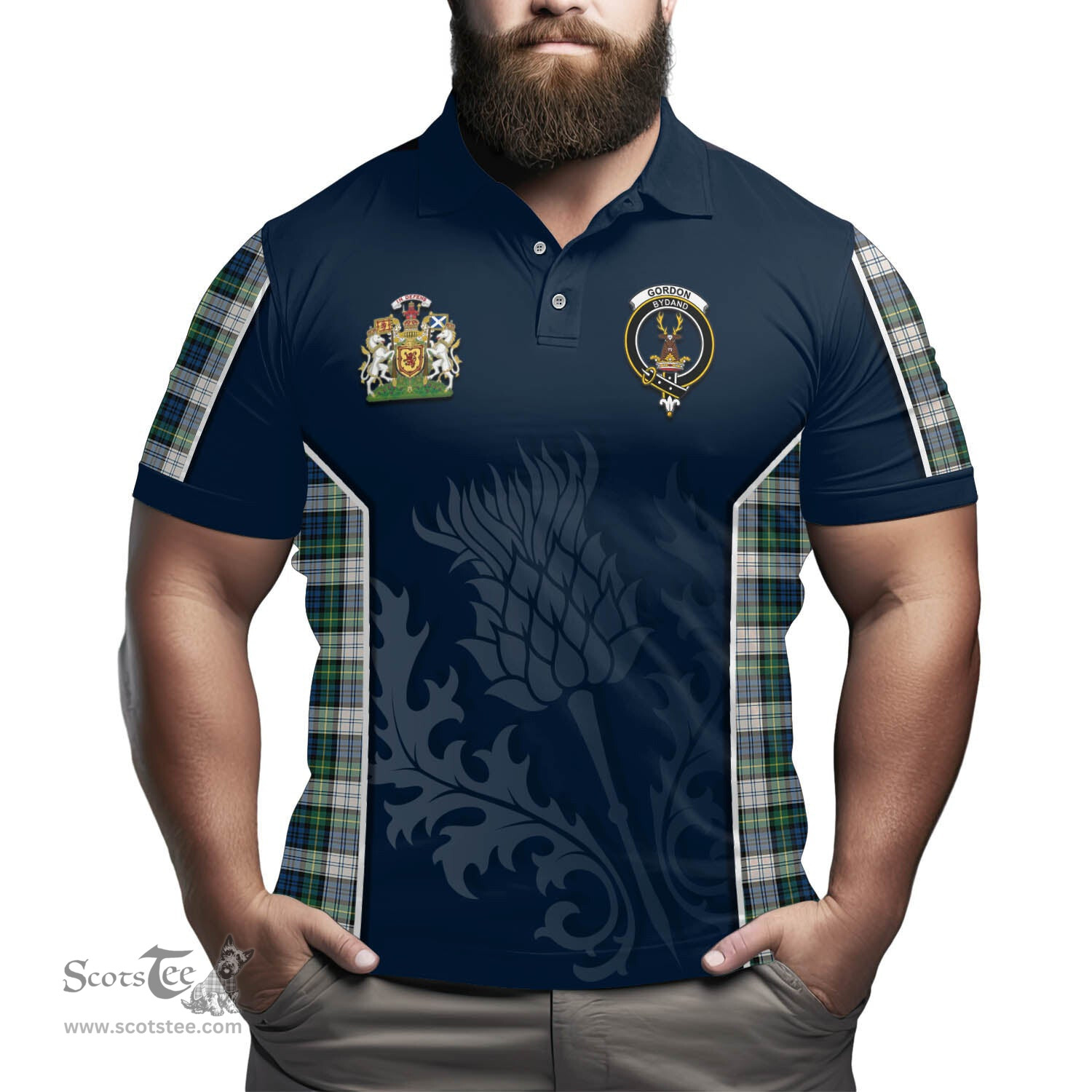 ScotsTee Shop Scottish Gordon Dress Ancient Clan Scottish Crest and Scottish Thistle Sport Tartan Polo Shirt