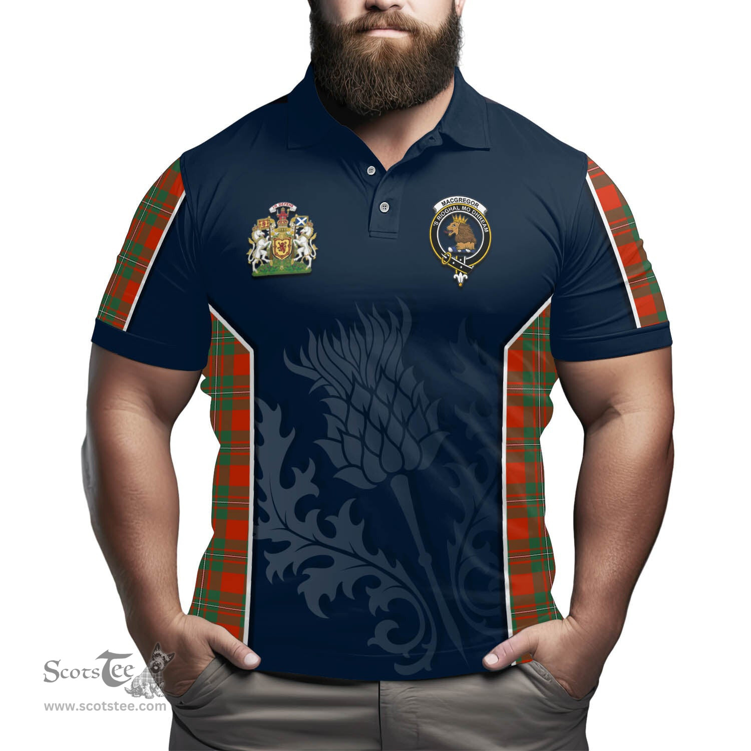 ScotsTee Shop Scottish MacGregor Ancient Clan Scottish Crest and Scottish Thistle Sport Tartan Polo Shirt