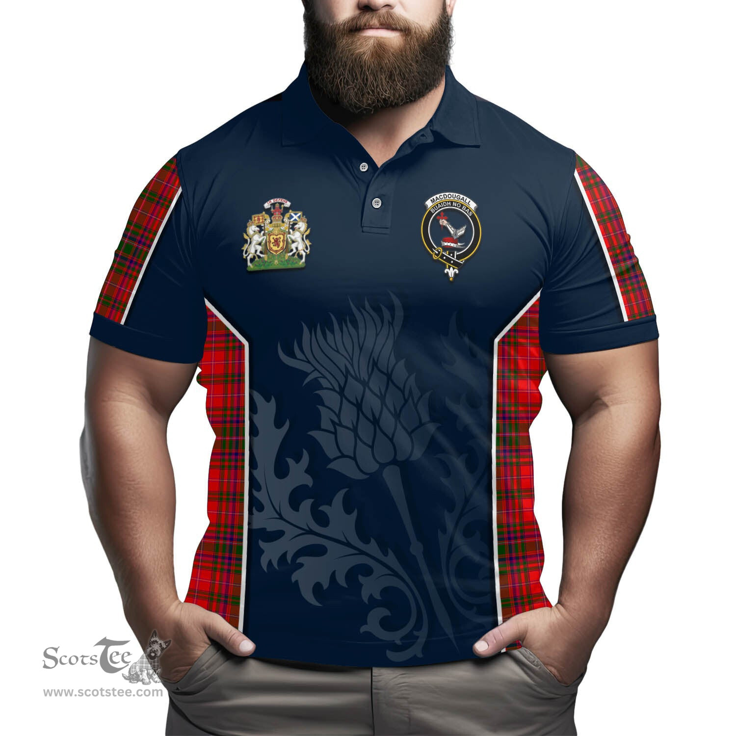 ScotsTee Shop Scottish MacDougall Modern Clan Scottish Crest and Scottish Thistle Sport Tartan Polo Shirt