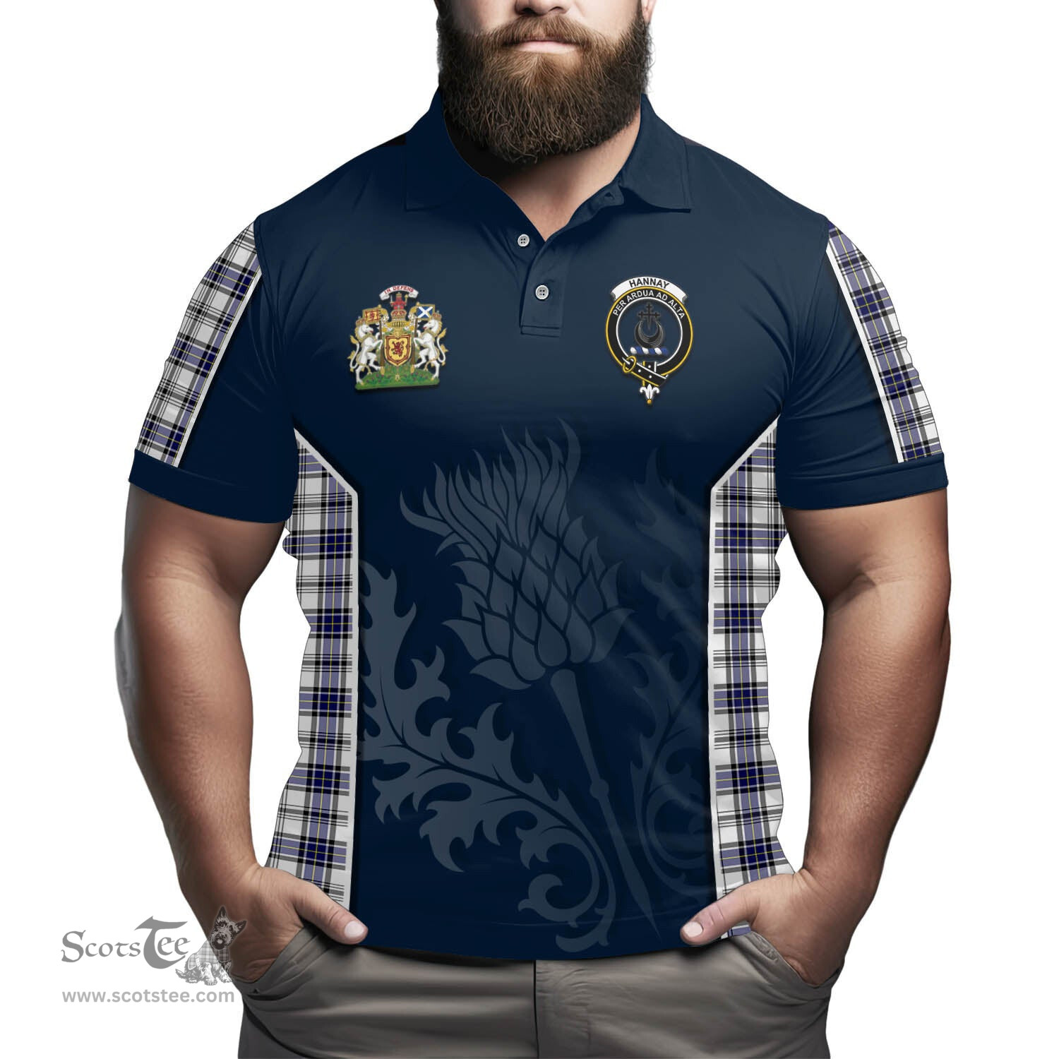 ScotsTee Shop Scottish Hannay Modern Clan Scottish Crest and Scottish Thistle Sport Tartan Polo Shirt