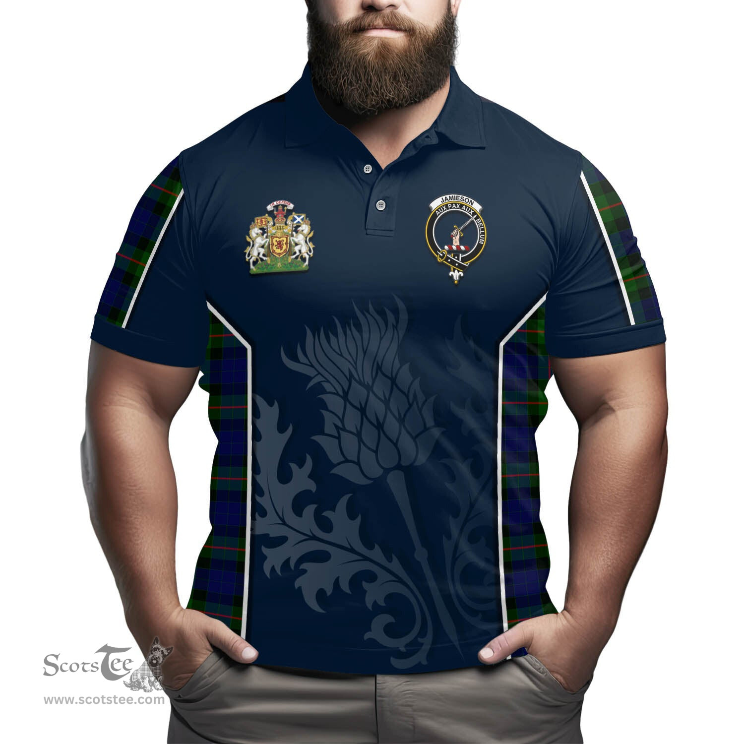 ScotsTee Shop Scottish Jamieson Clan Scottish Crest and Scottish Thistle Sport Tartan Polo Shirt