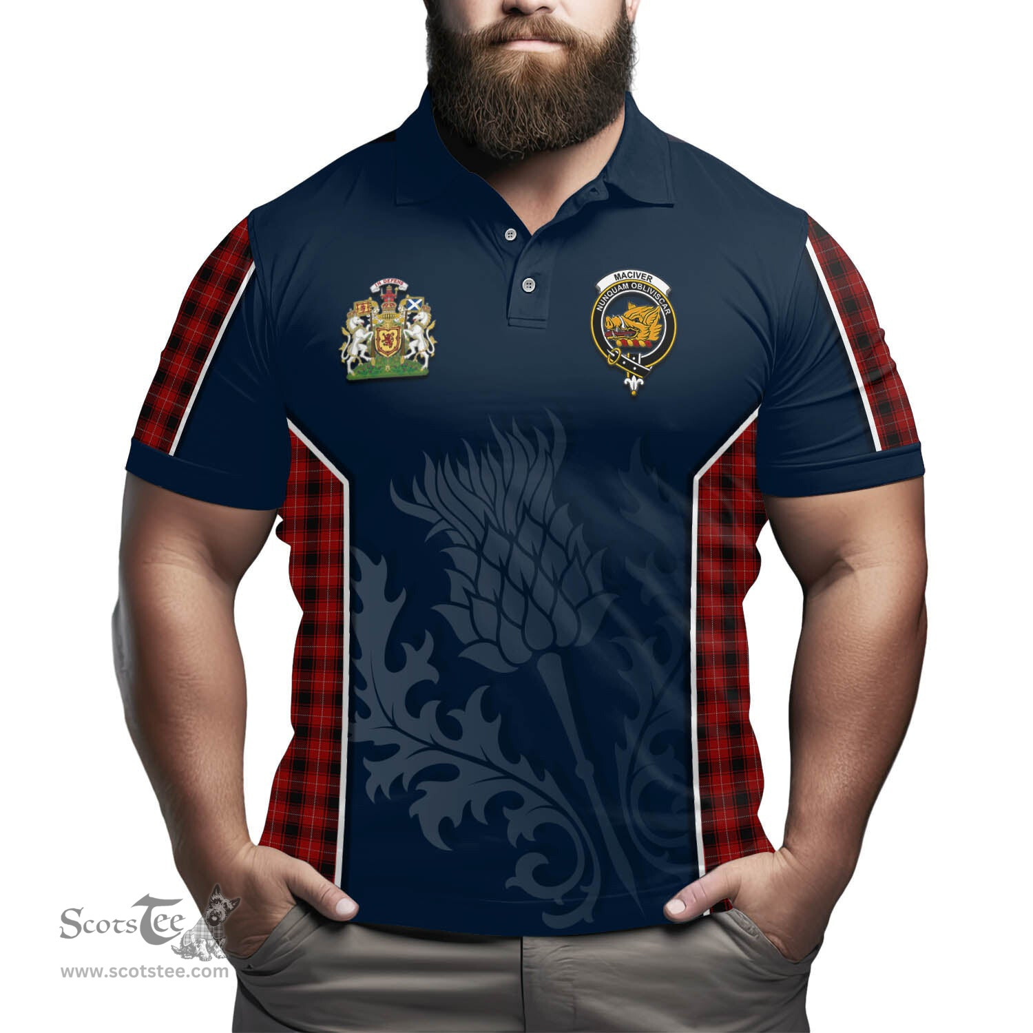 ScotsTee Shop Scottish MacIver Clan Scottish Crest and Scottish Thistle Sport Tartan Polo Shirt