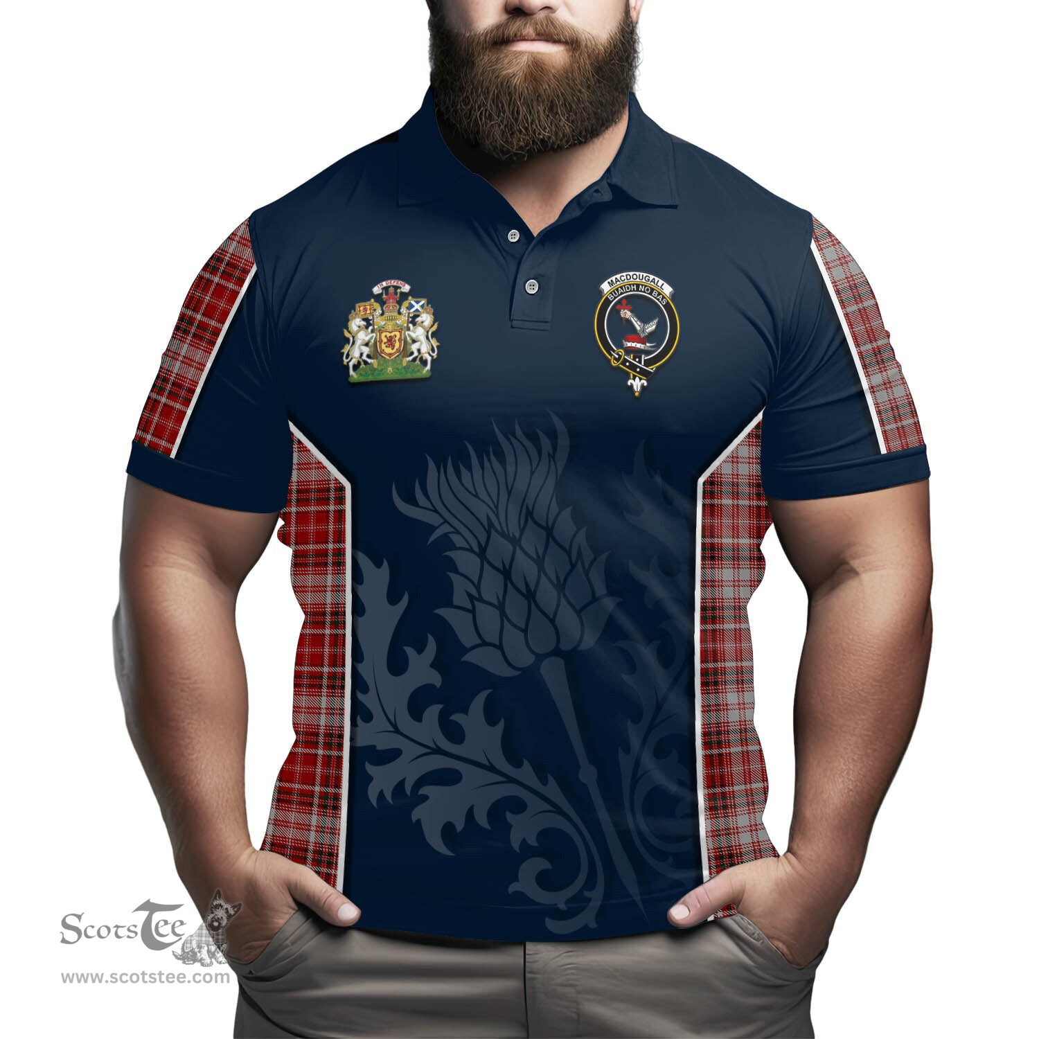 ScotsTee Shop Scottish MacDougall Dress Clan Scottish Crest and Scottish Thistle Sport Tartan Polo Shirt