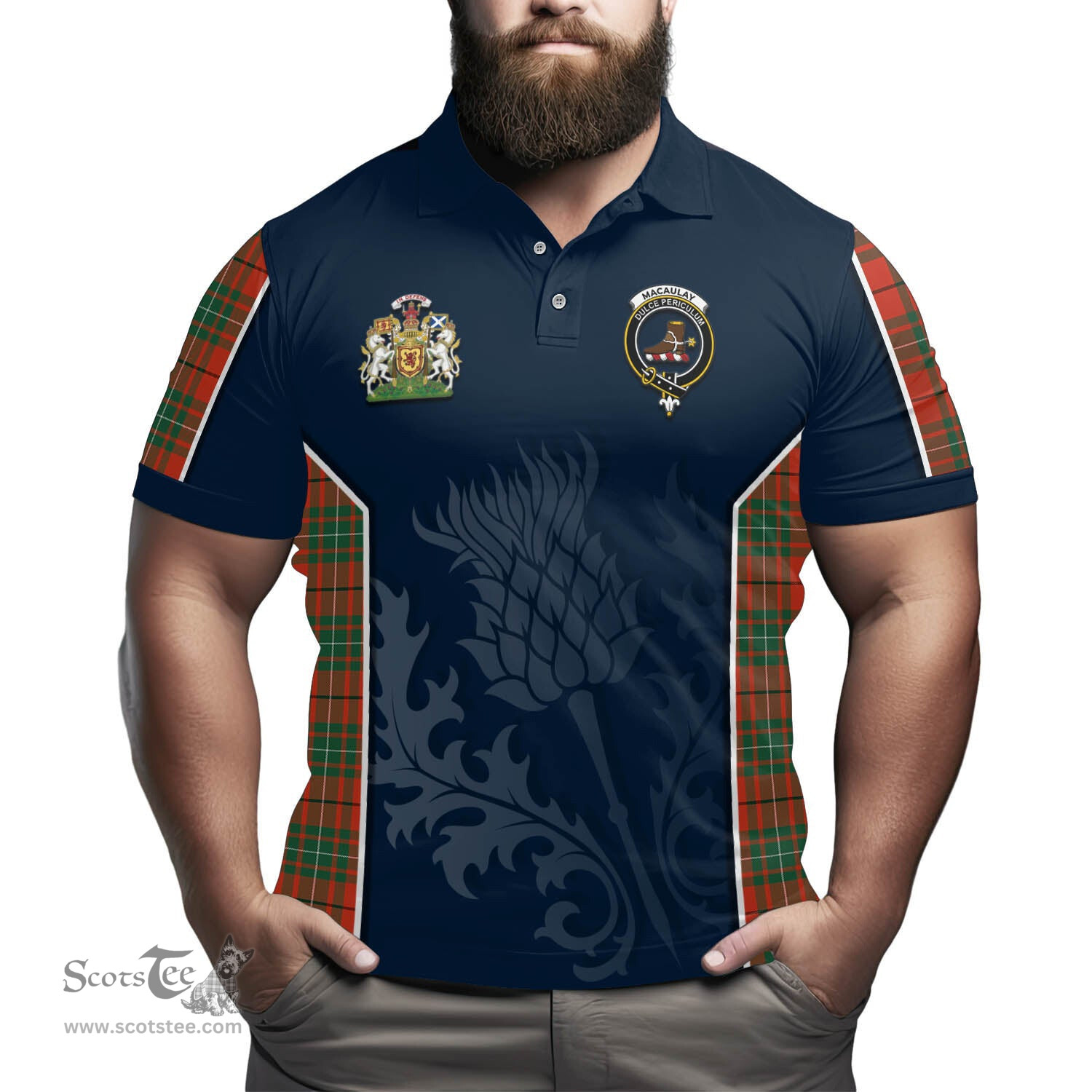 ScotsTee Shop Scottish MacAulay Ancient Clan Scottish Crest and Scottish Thistle Sport Tartan Polo Shirt