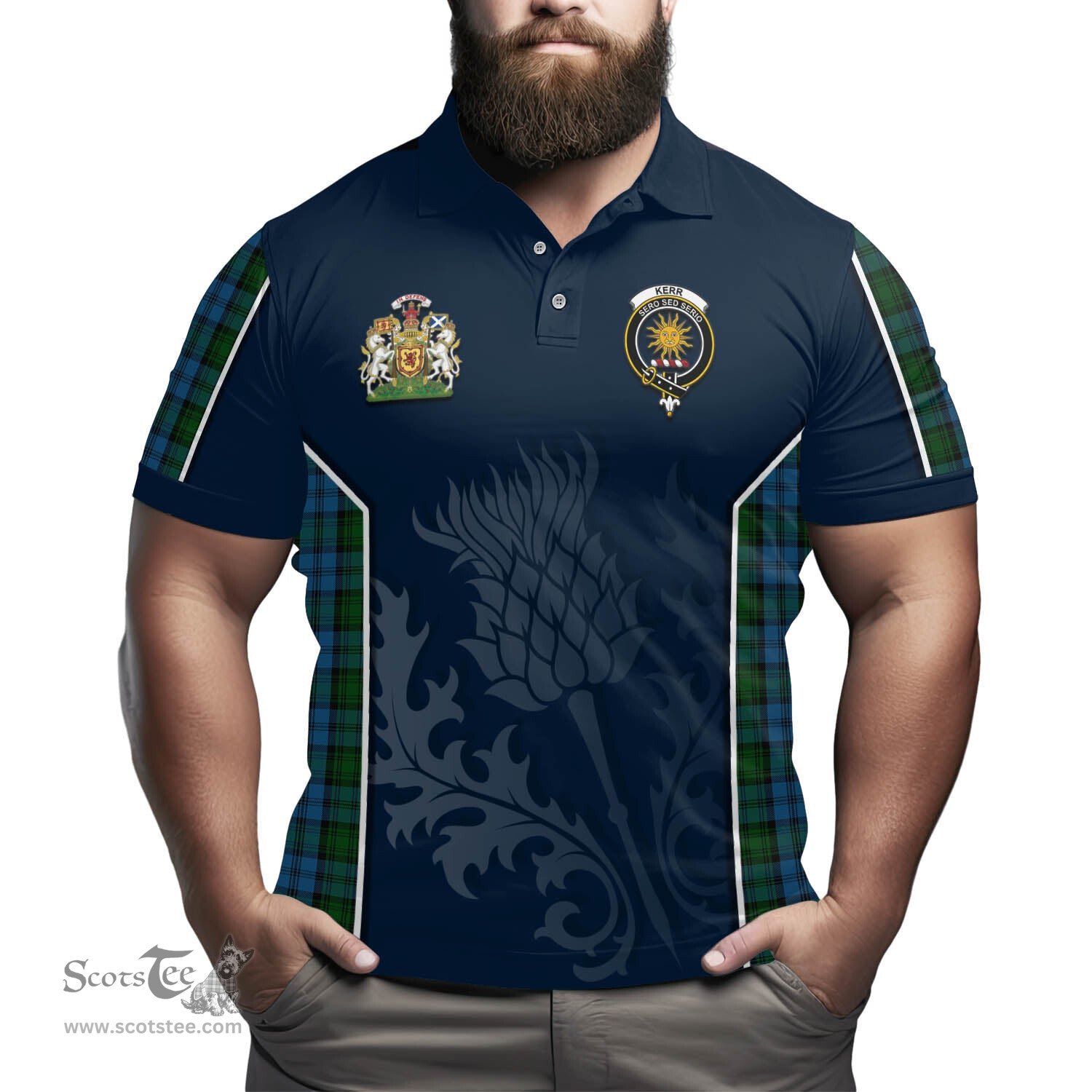 ScotsTee Shop Scottish Kerr Hunting Clan Scottish Crest and Scottish Thistle Sport Tartan Polo Shirt