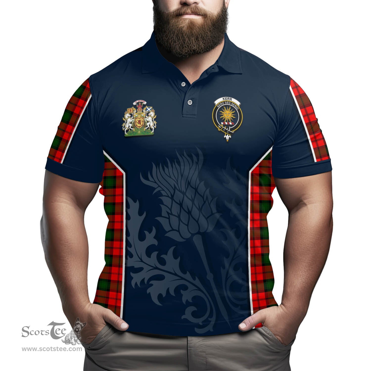 ScotsTee Shop Scottish Kerr Modern Clan Scottish Crest and Scottish Thistle Sport Tartan Polo Shirt