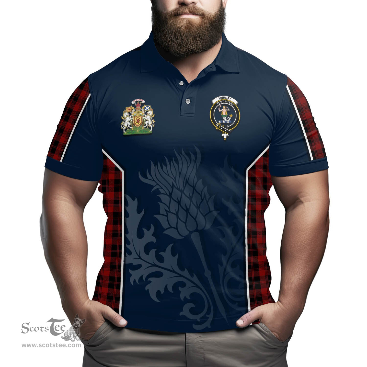 ScotsTee Shop Scottish Murray of Ochtertyre Clan Scottish Crest and Scottish Thistle Sport Tartan Polo Shirt