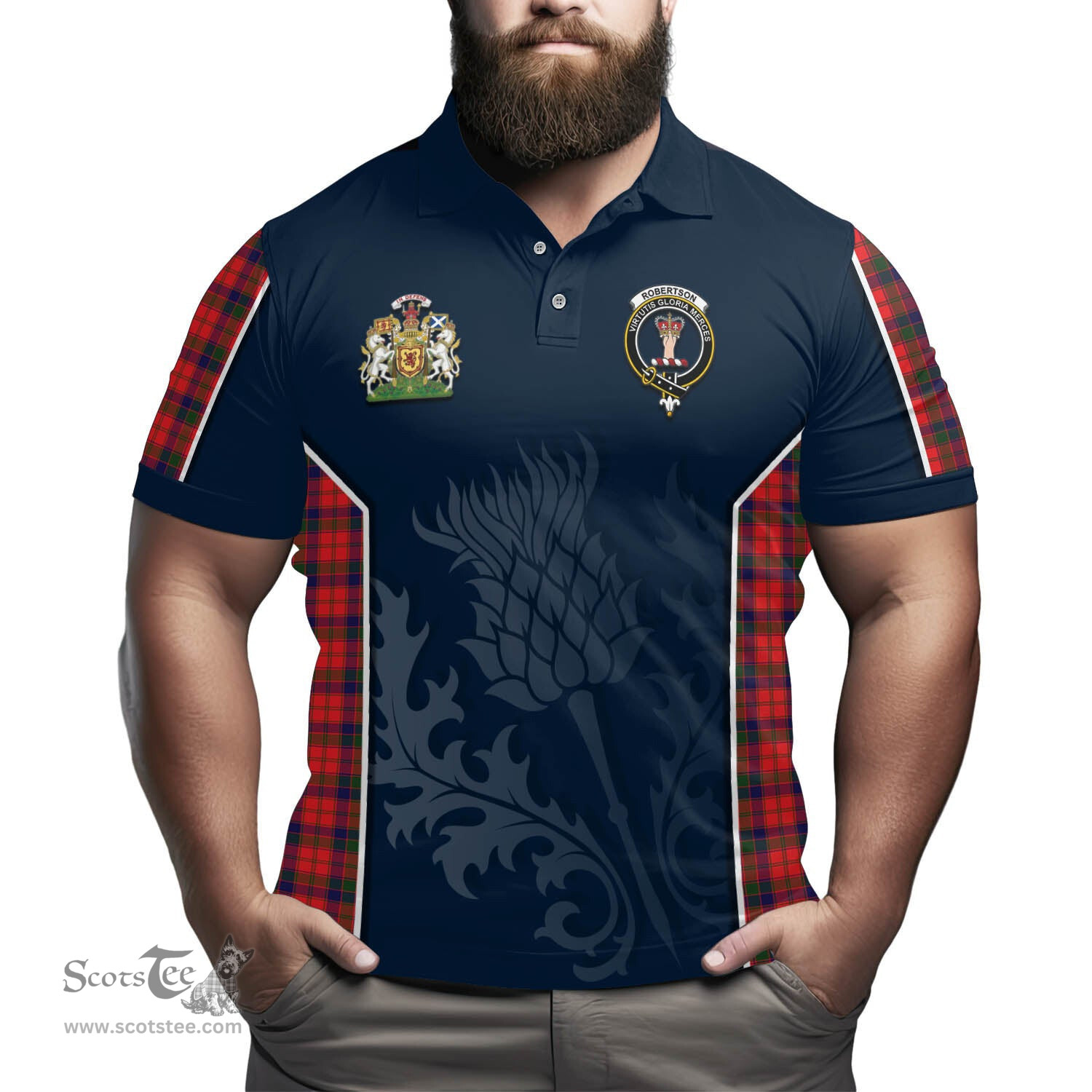 ScotsTee Shop Scottish Robertson Modern Clan Scottish Crest and Scottish Thistle Sport Tartan Polo Shirt