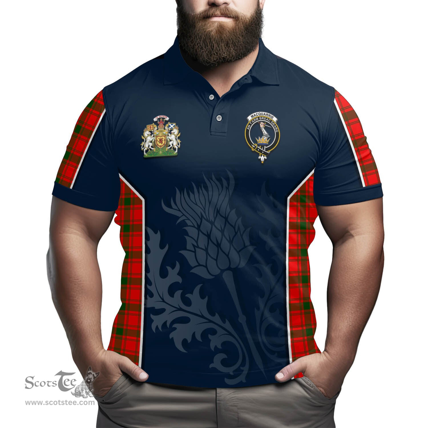 ScotsTee Shop Scottish MacQuarrie Modern Clan Scottish Crest and Scottish Thistle Sport Tartan Polo Shirt