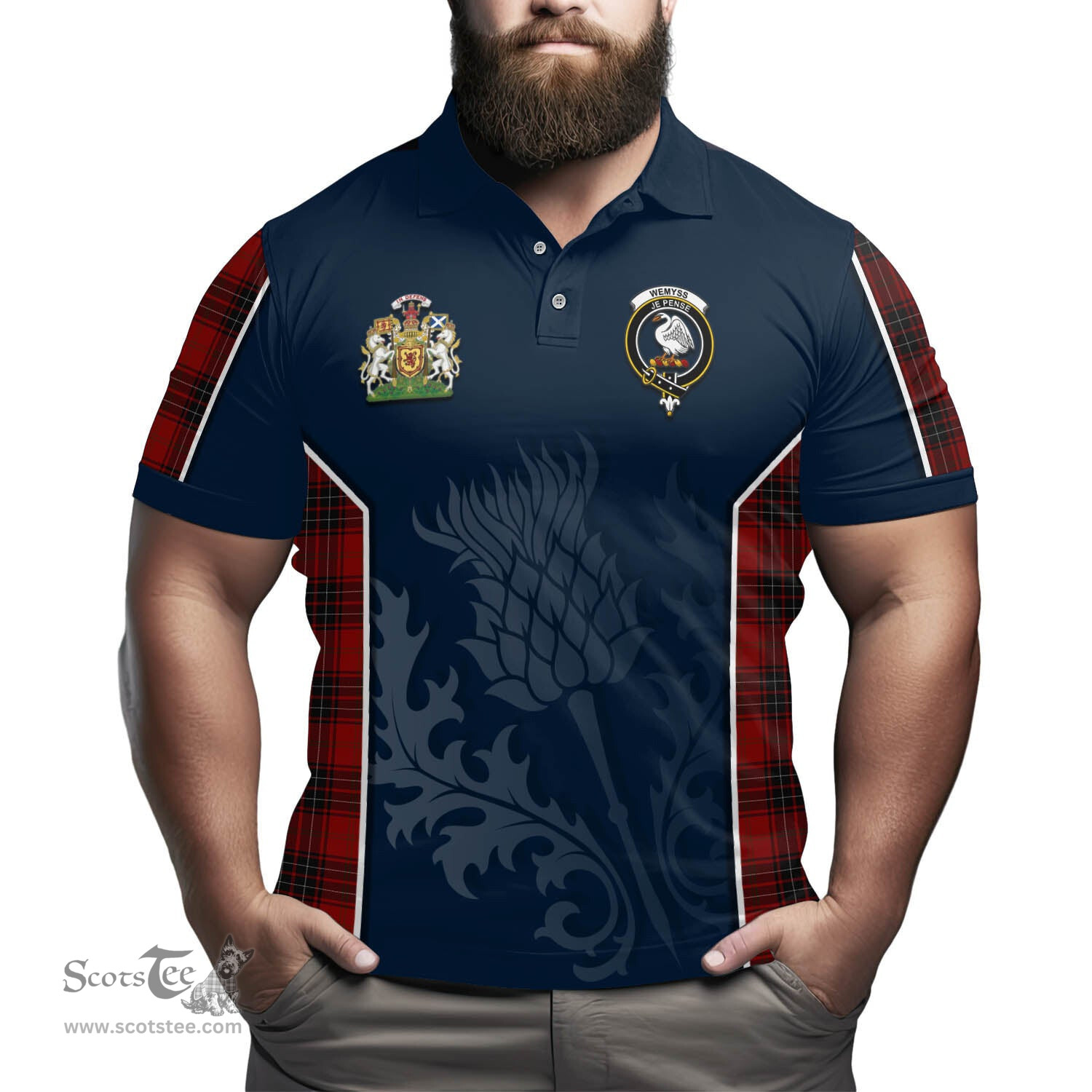 ScotsTee Shop Scottish Wemyss Clan Scottish Crest and Scottish Thistle Sport Tartan Polo Shirt