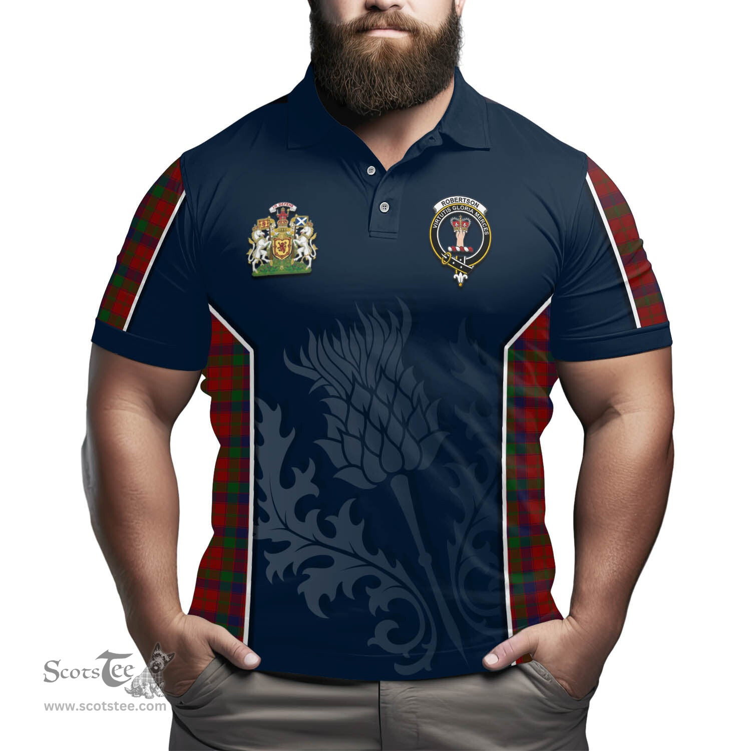 ScotsTee Shop Scottish Robertson Clan Scottish Crest and Scottish Thistle Sport Tartan Polo Shirt